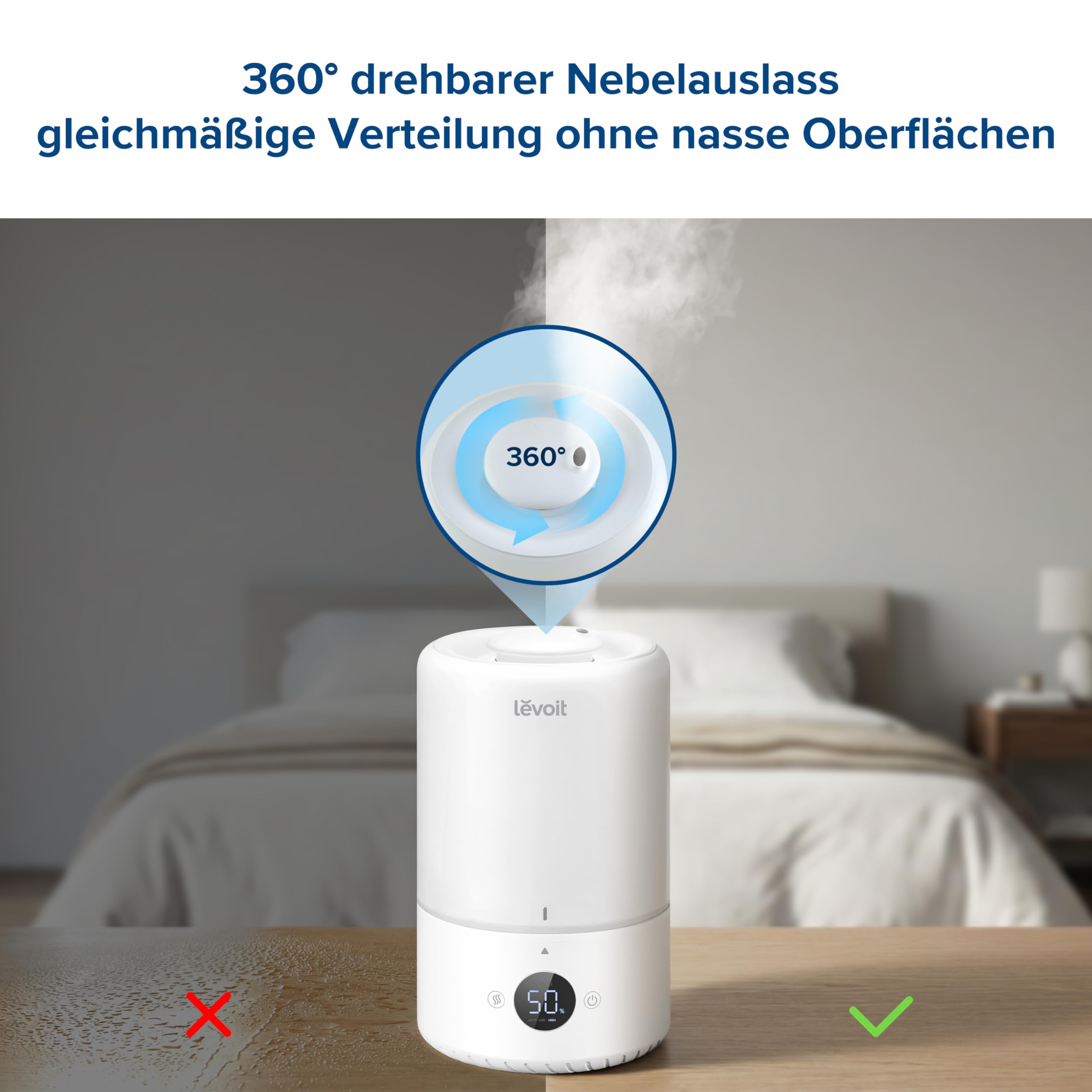 Levoit Smart Luftbefeuchter Schlafzimmer, 20dB, Top-Fill für Baby, 3L | Luftfeuchtigkeit Sensor, Raumbefeuchter für Kinderzimmer Pflanzen, 360°Drehdüse, bis 25 Std., Cremeweiß
