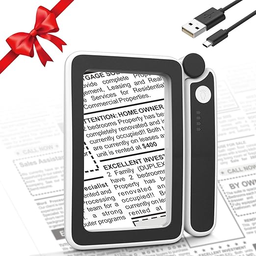 MoKo Magnifying Glass for Reading, Rechargeable 4X Full Page Book Magnifier, Magnifying Glass with Light 3 Modes, Folding Handheld Reading Magnifiers for Seniors Elderly Low Visions,Black