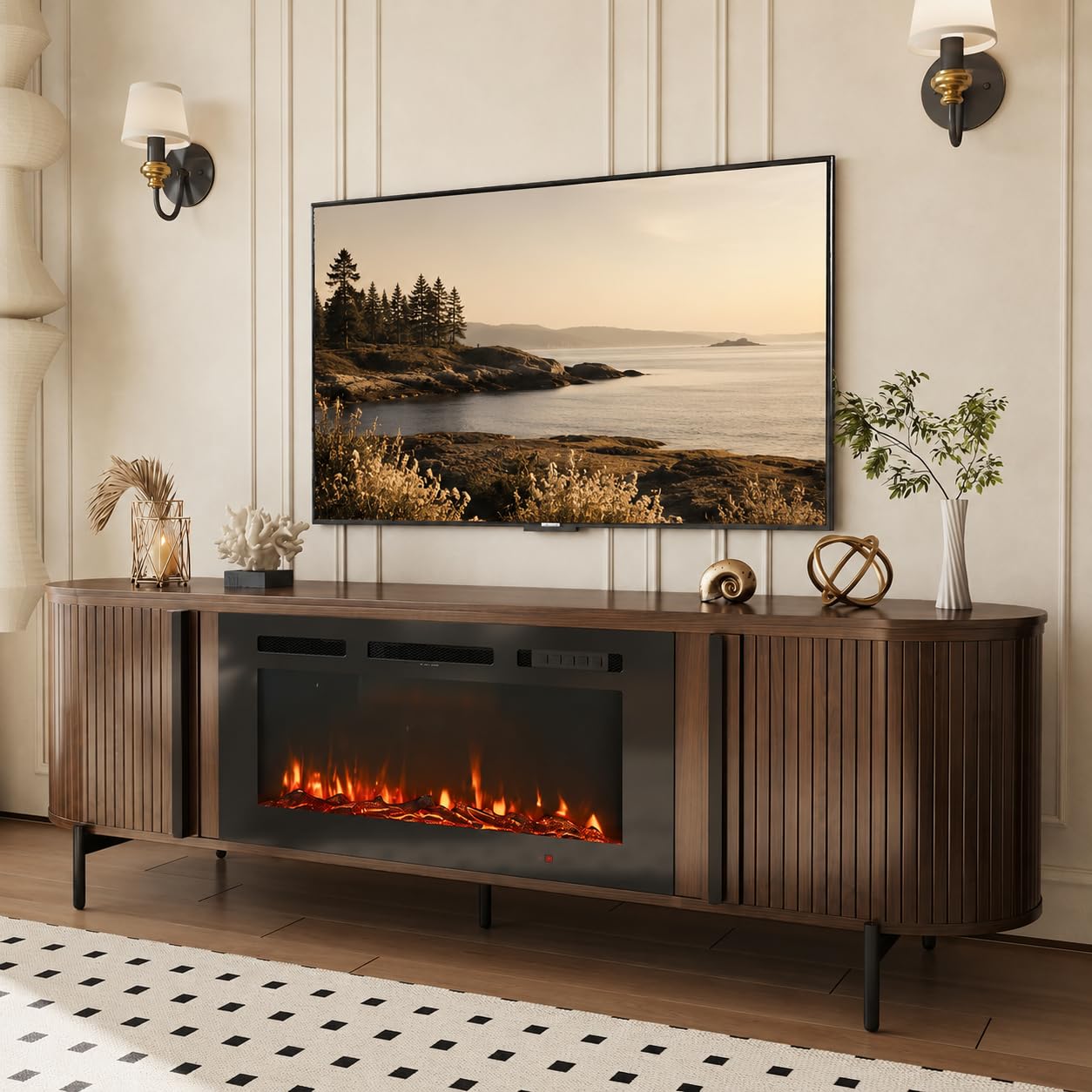 Nordivale 70 Fluted TV Stand with Fireplace