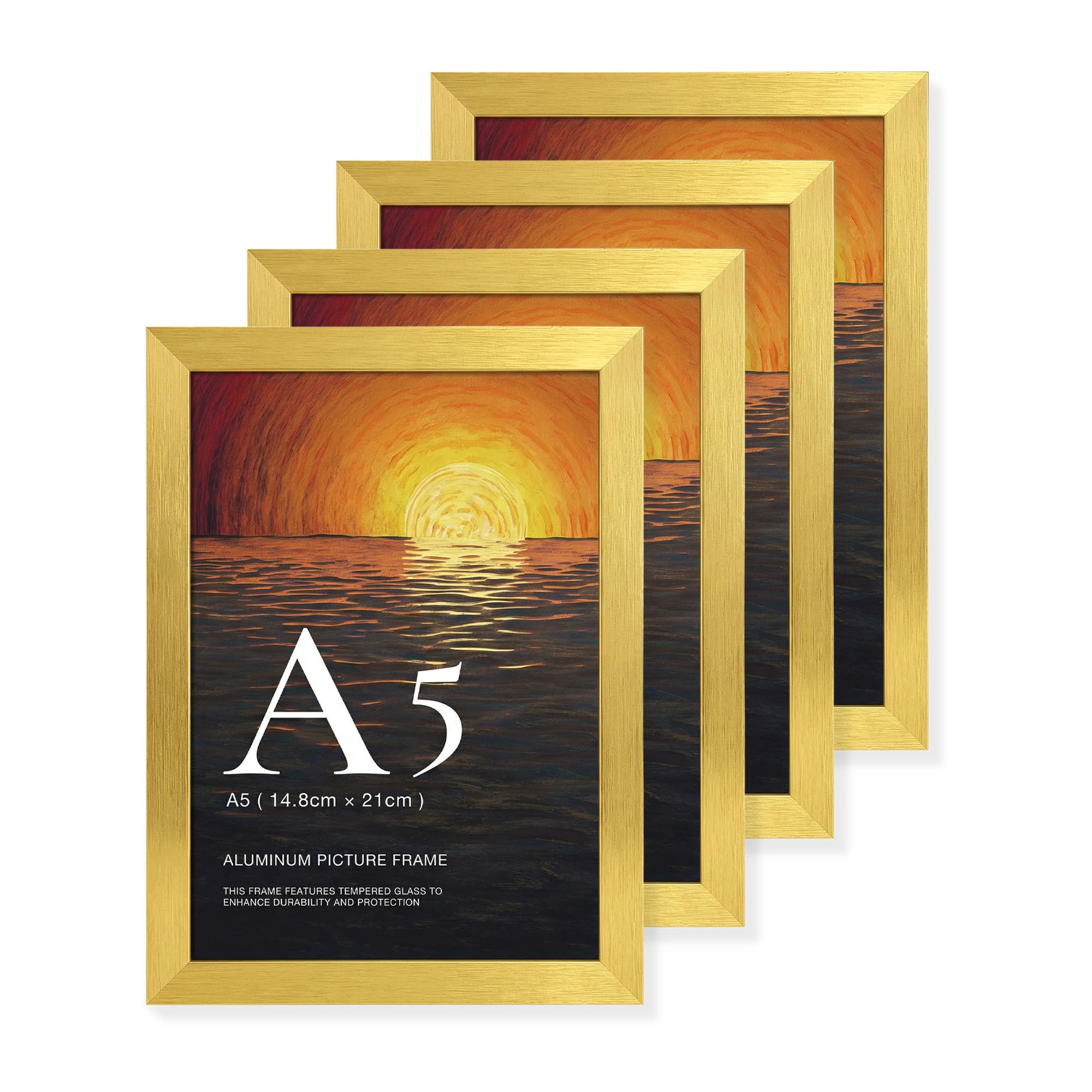 LIVINGTASTE Bilderrahmen A5 Aluminium Gold mit gehärtetem Glas, 4 Stück passt für 14,8x21 cm Fotos, ideal für Kinderzimmer Deko 4pk