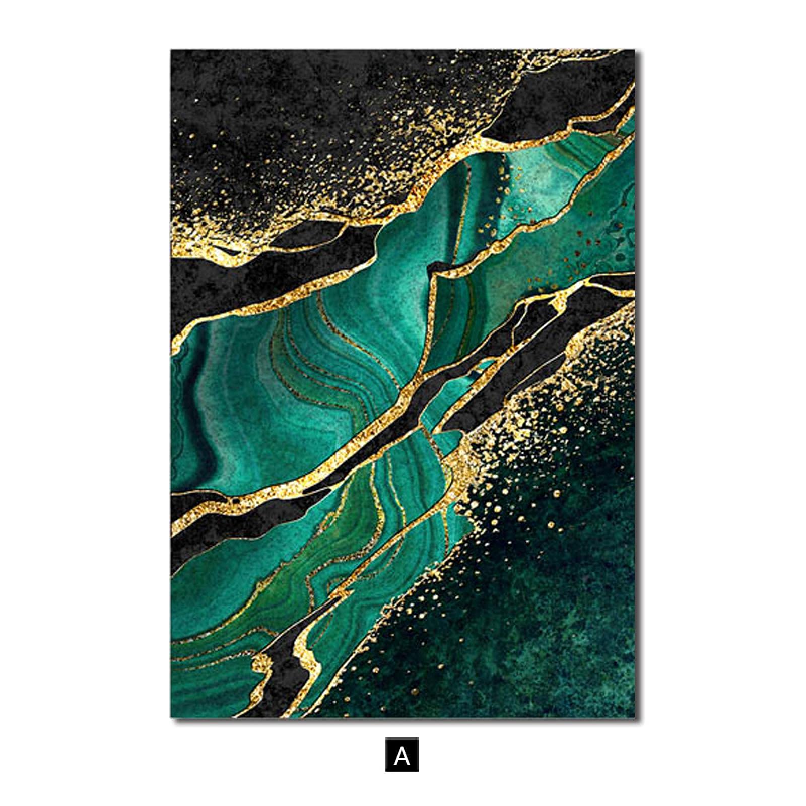 Sala de estar nórdica Decoración para el hogar Cartel de mármol abstracto Textura verde Lienzo moderno Pintura Impresión dorada Imagen de arte de pared 50x60cm (20x24in) x3 Con marco