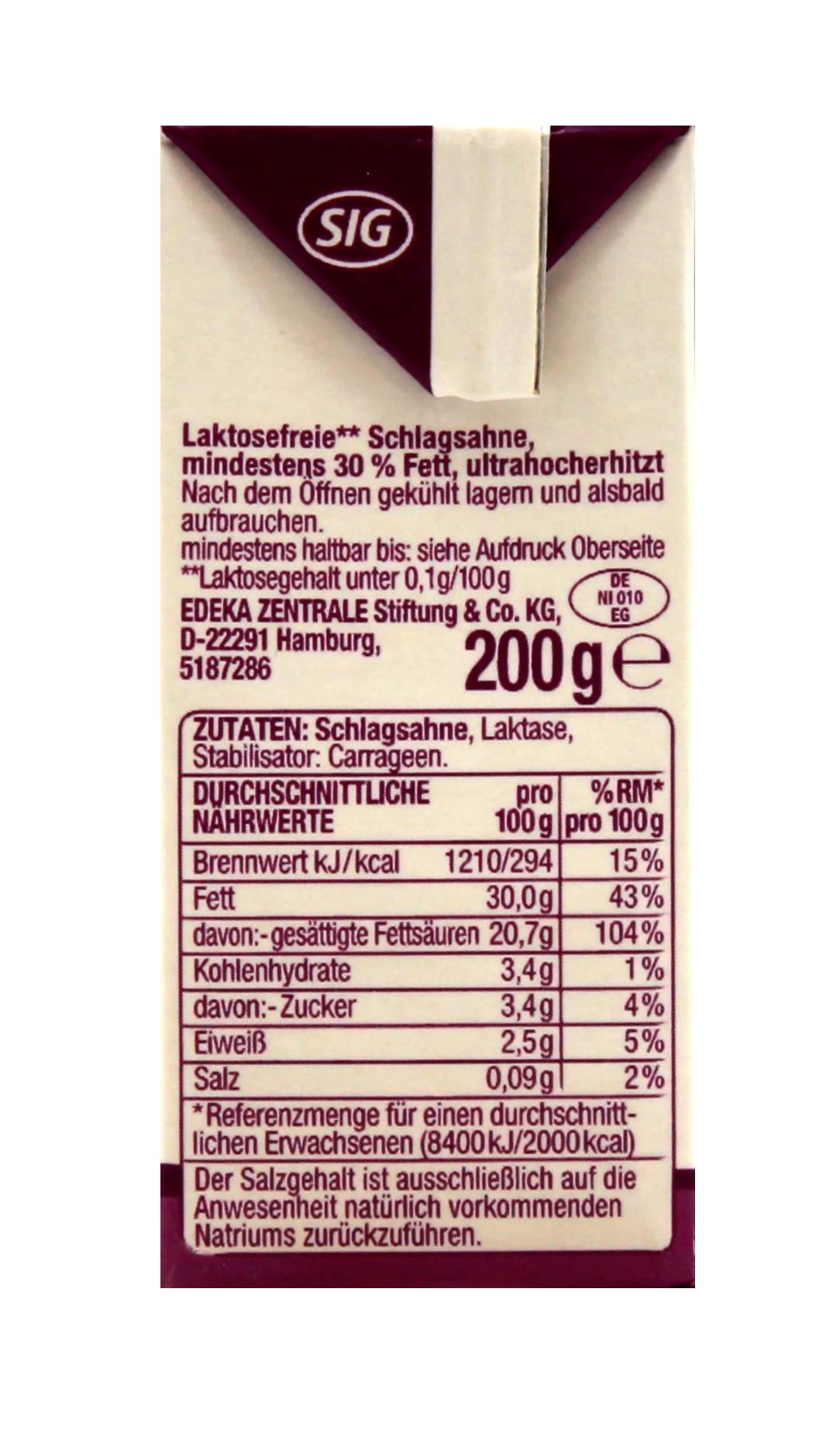 Gut & Günstig Laktosefreie H-Schlagsahne 30% Fett, 27er Pack (27 x 200g)