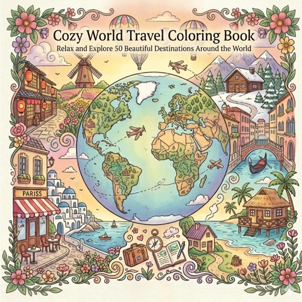 Cozy World Travel Coloring Book: Relax and Explore 50 Beautiful Destinations Around the World