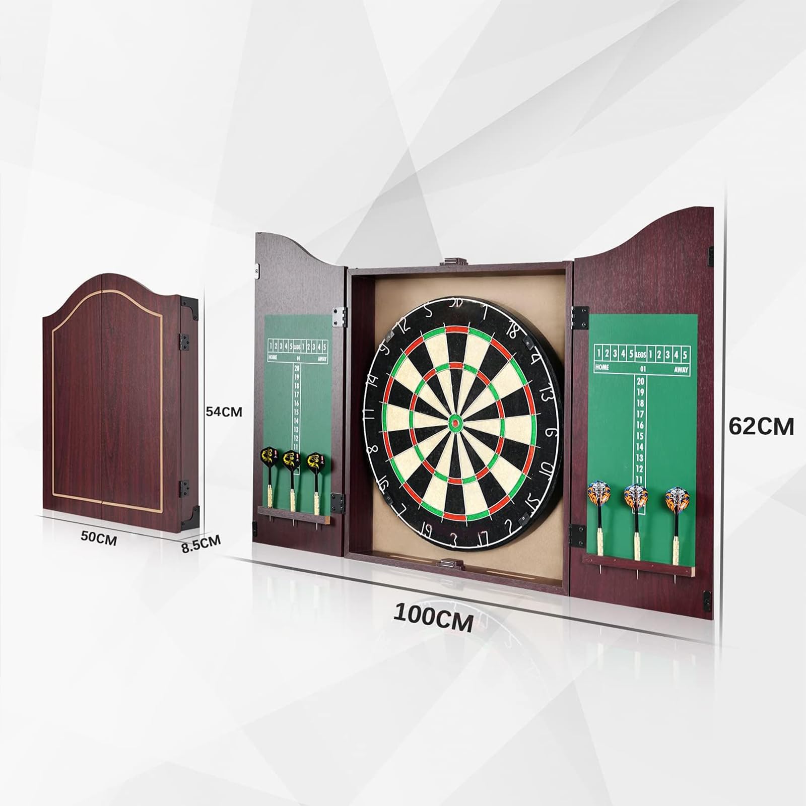 18“ Massivholz Borsten Dartboard Schrank Set Dartspiel Center mit selbstheilenden Sisal/Doppelseitige Dartscheibe, Profi Dartboard Set mit 6 Tip Darts, Classic Dartboard mit Schrank