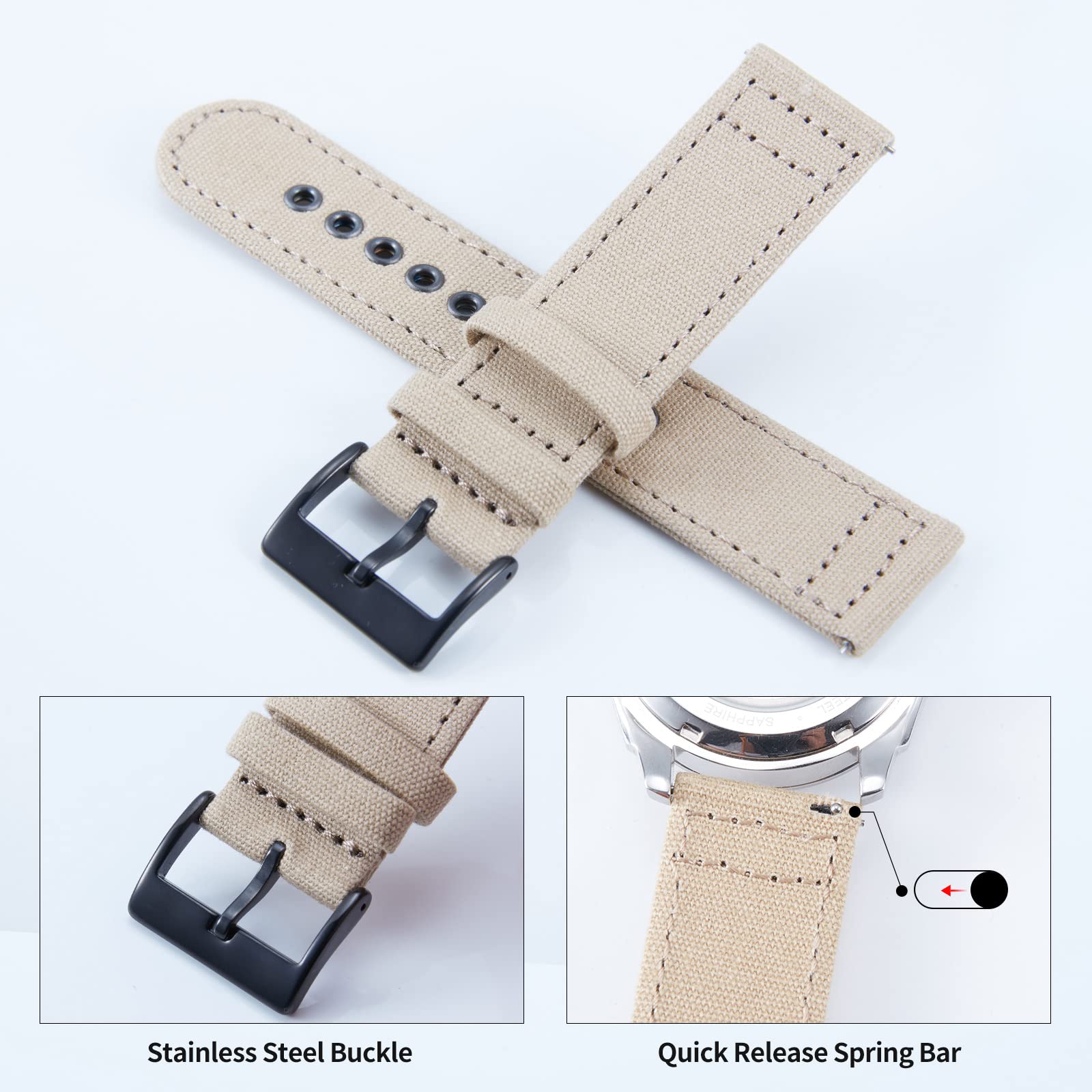 BINLUN Bracelets de Montre en Toile à Dégagement Rapide Bracelet pour Montre en Tissu 18mm 20mm 22mm 24mm Remplacement Bracelets Montres Canvas pour Homme et Femme avec Boucle Argent/Noir