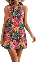 Floerns Women's Sleeveless Floral Print Halter Neck A-Line Sundress - Short Tropical Summer Casual Dress