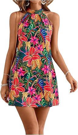 Floerns Womens Sleeveless Floral Sundress Halter Neck A Line Short Dress