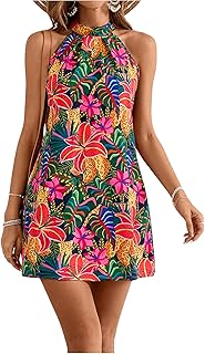 Women's Sleeveless Floral Print Sundress Halter Neck A Line Short Dress