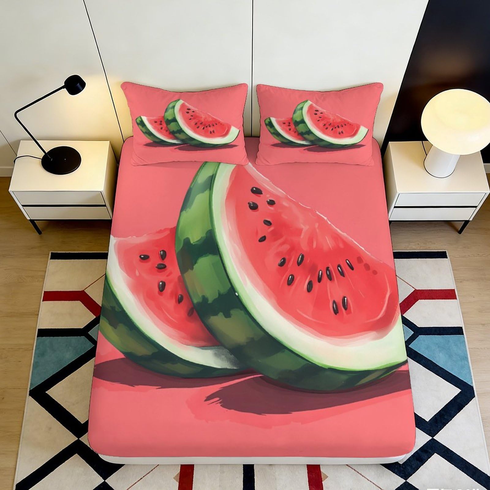 3D Printed Watermelon Slice Fitted Sheet Microfiber Soft Breathable Fruit Bed Cover for Bedroom Dorm Decor Mattress Protection 90x200x25cm