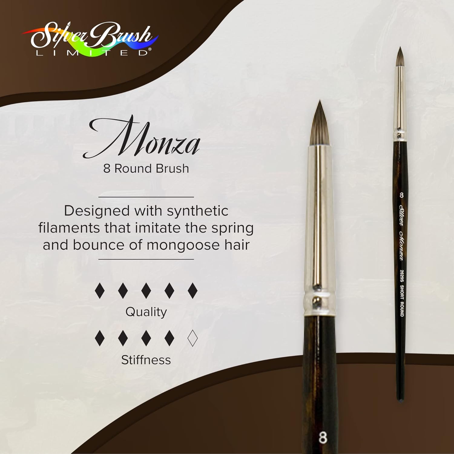 Silver Brush Limited 2629S Monza Round Art Brush, Oil, Acrylic, and Watercolor Brush, Short Handle, Size 8