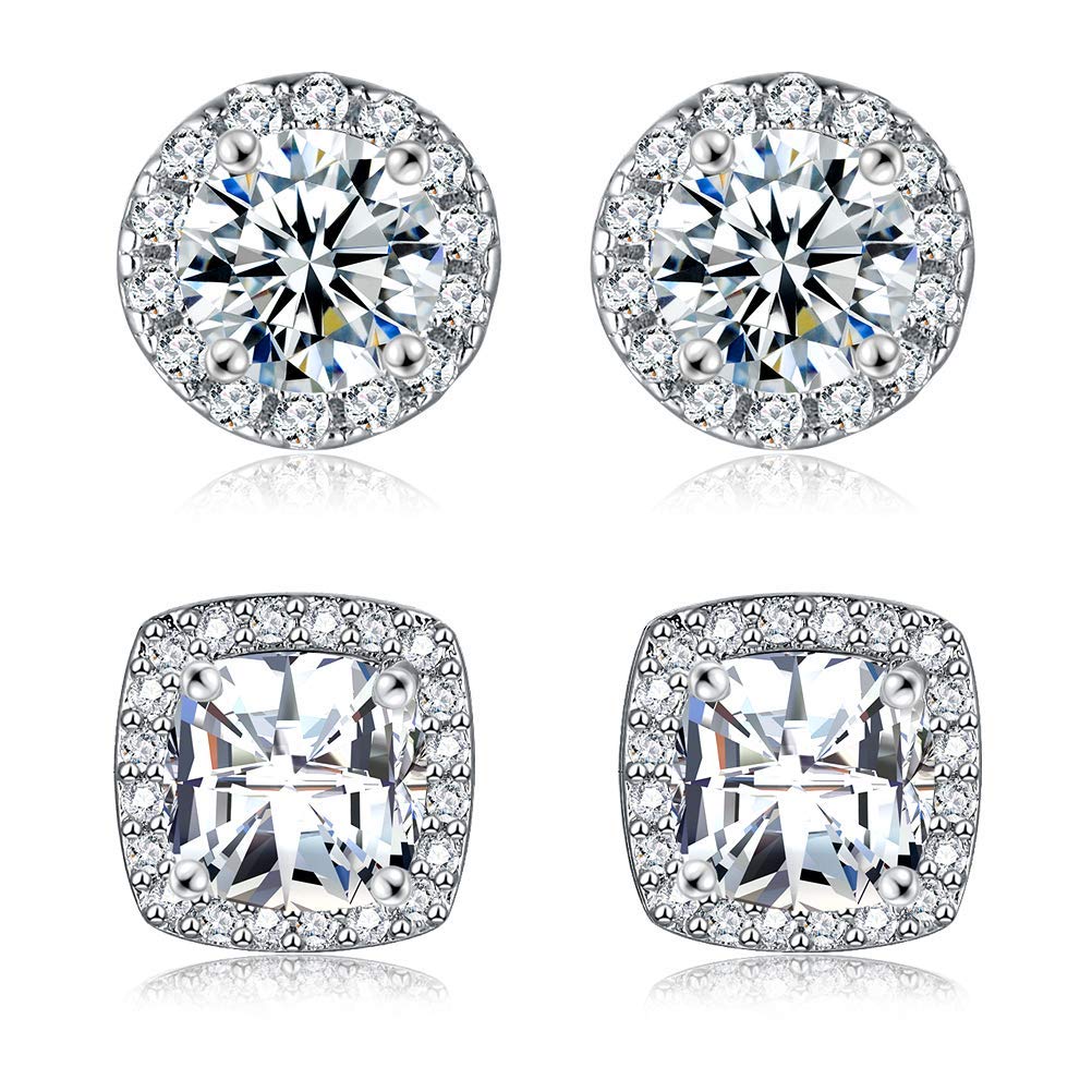 18K White Gold Plated Round Square Cubic Zirconia Simulated Diamond Halo Stud Earrings (2 Pairs)