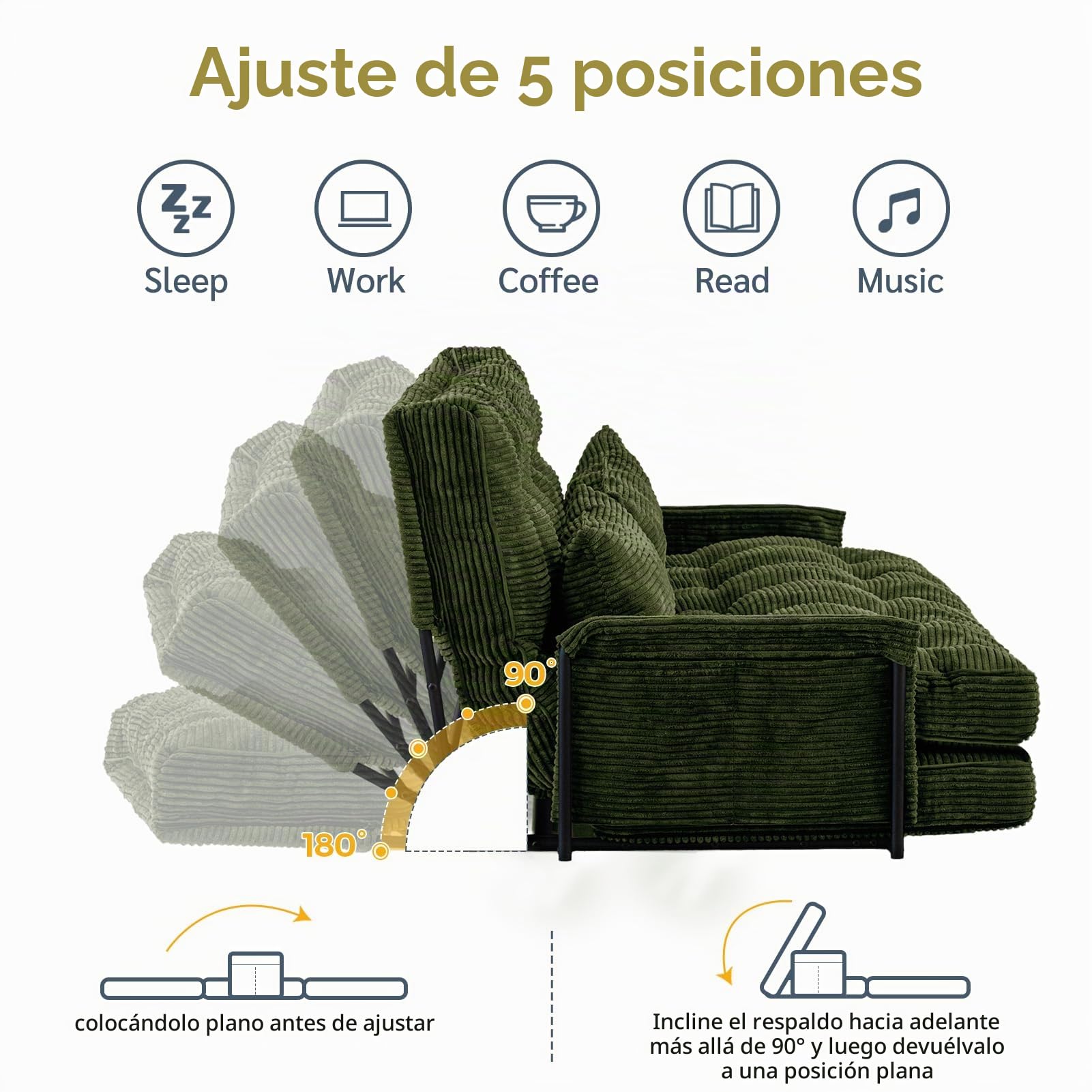 MAXYOYO Sofá Cama Ajustable con 2 Almohadas, Sofá Cama Multifuncional Tipo Puf, Sofá Cama Plegable de 5 Posiciones con Reposabrazos, Asiento Versátil para Leer en el Suelo, Gris Oscuro, Doble