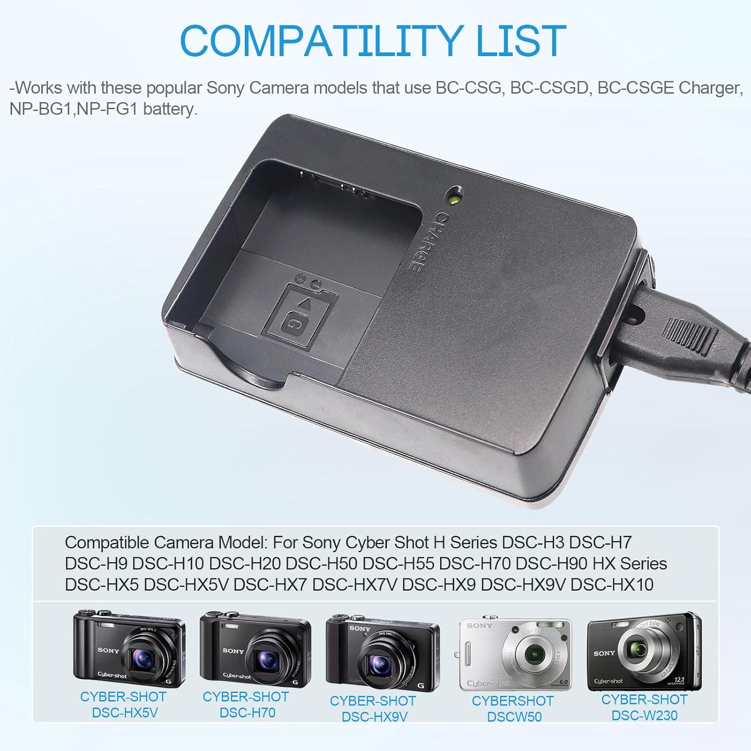 BC-CSGB NP-BG1 NP-FG1 Battery Charger Compatible with Sony Cybershot DSC-HX5V,DSC-HX9V,DSC-W30,DSC-W35,DSC-W50,DSC-W55,DSC-W70,DSC-W80,DSC-H10,H20,H50,H55,H70,H90 Cameras & 100cm AC Power Cord - Image 4