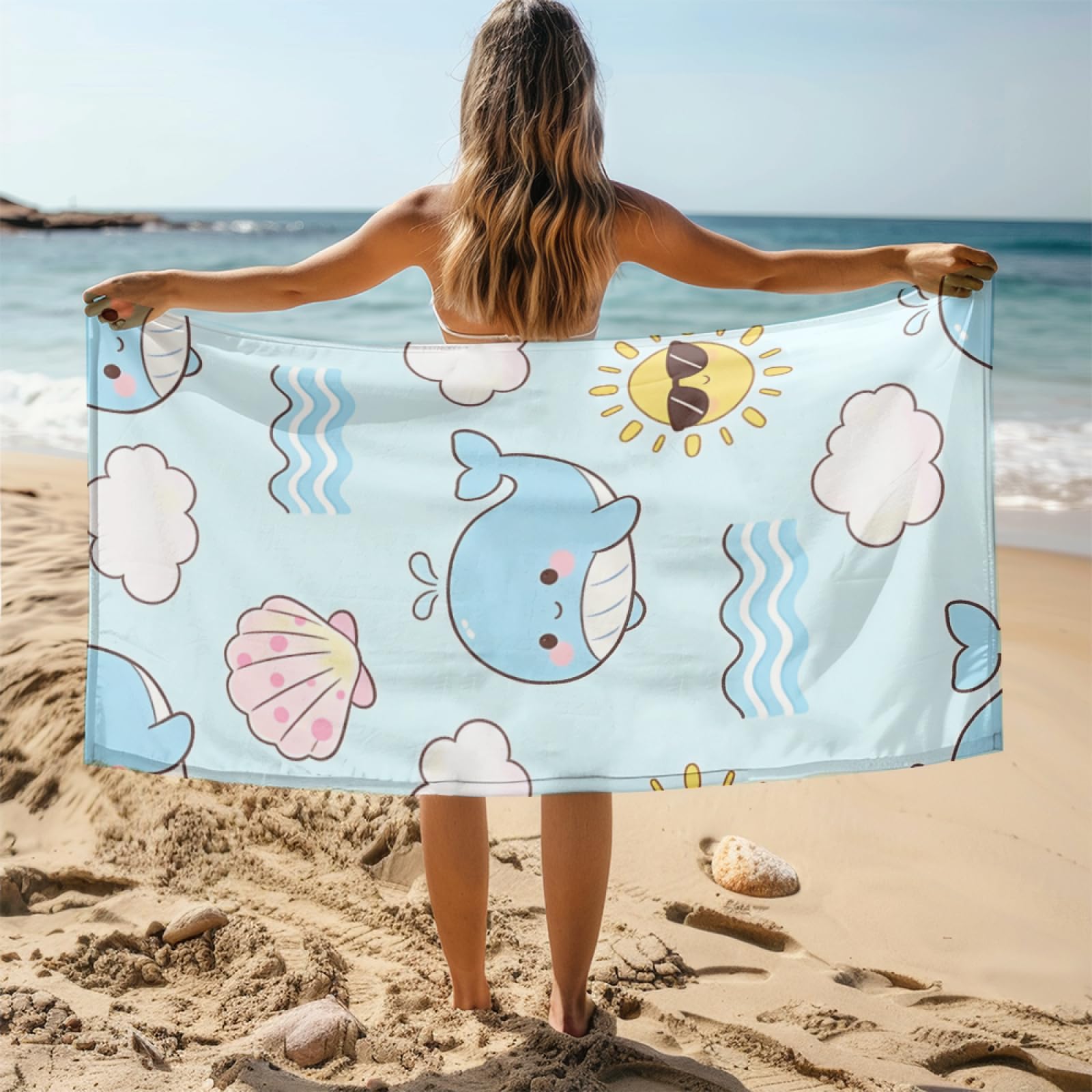 Fouta PlageBaleine Bleue Modèle Surdimensionné avec Diverses Tailles, Respirante et Portable, Parfaite pour Voyages Sorties Piscine et Usage Extérieur Quotidien 90x160 cm