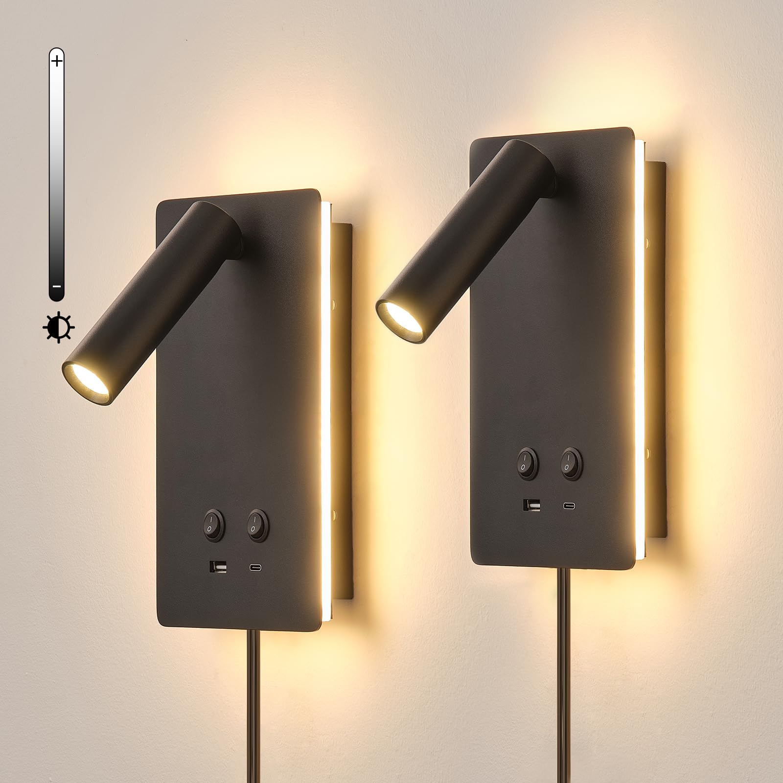 LED Wall Mounted Reading Lights for Books in Bed, Plug in Wall Sconce with USB C+A Ports & 3 Brightness Dimmable, Black Wall Lamps for Bedroom,