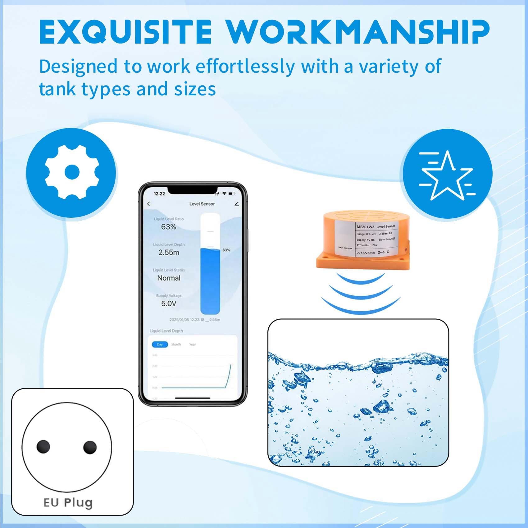 Capteur de Niveau de Réservoir d'Eau Ultrasonique Zigbee Intelligent Tuya Smart, Contrôle via Application pour iOS et Android