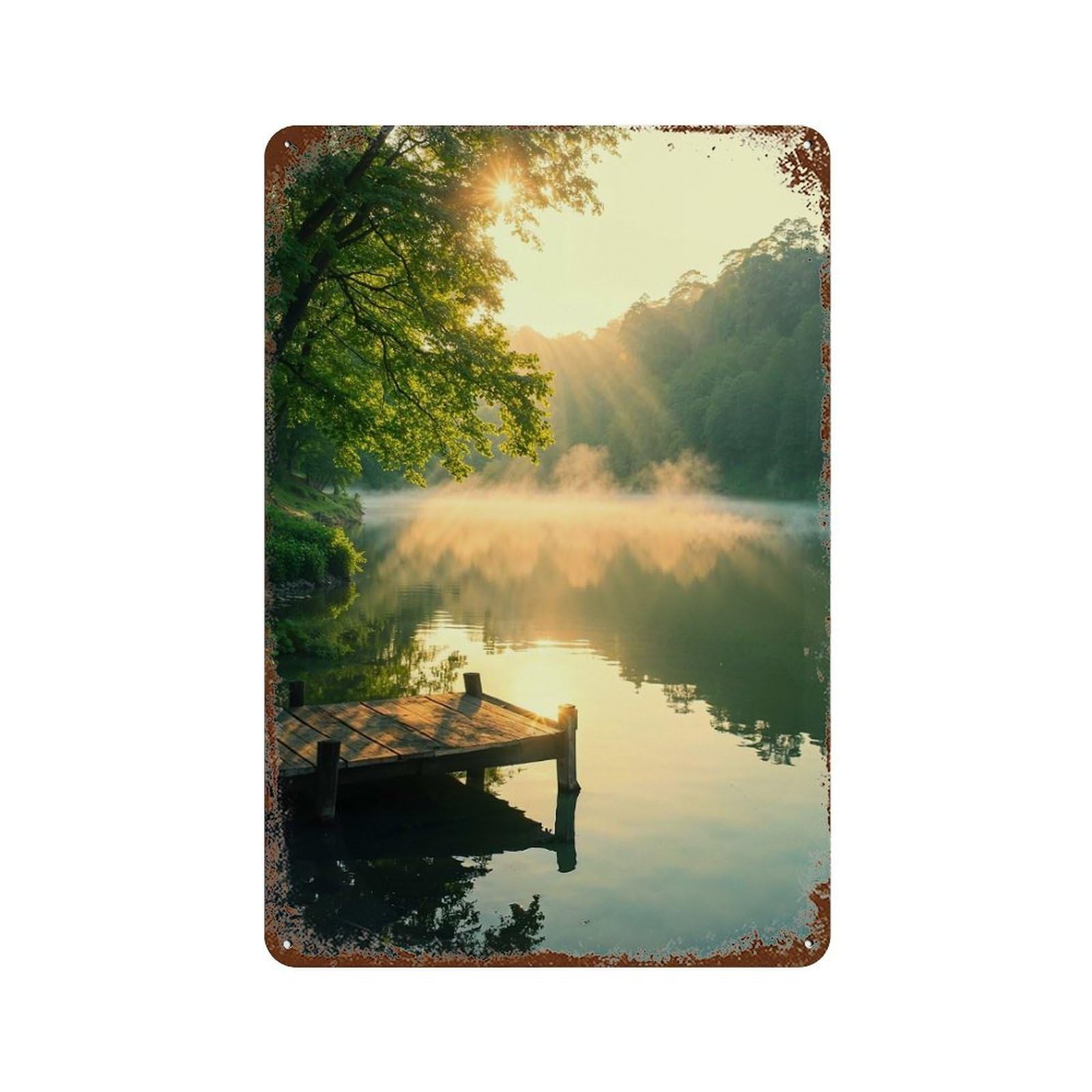 Rust Effect Misty Lake Sunrise Aged Metal Wall Plaque 11.8"x7.9", Shabby Chic Decor for Living Room, Hallway And Home Decor