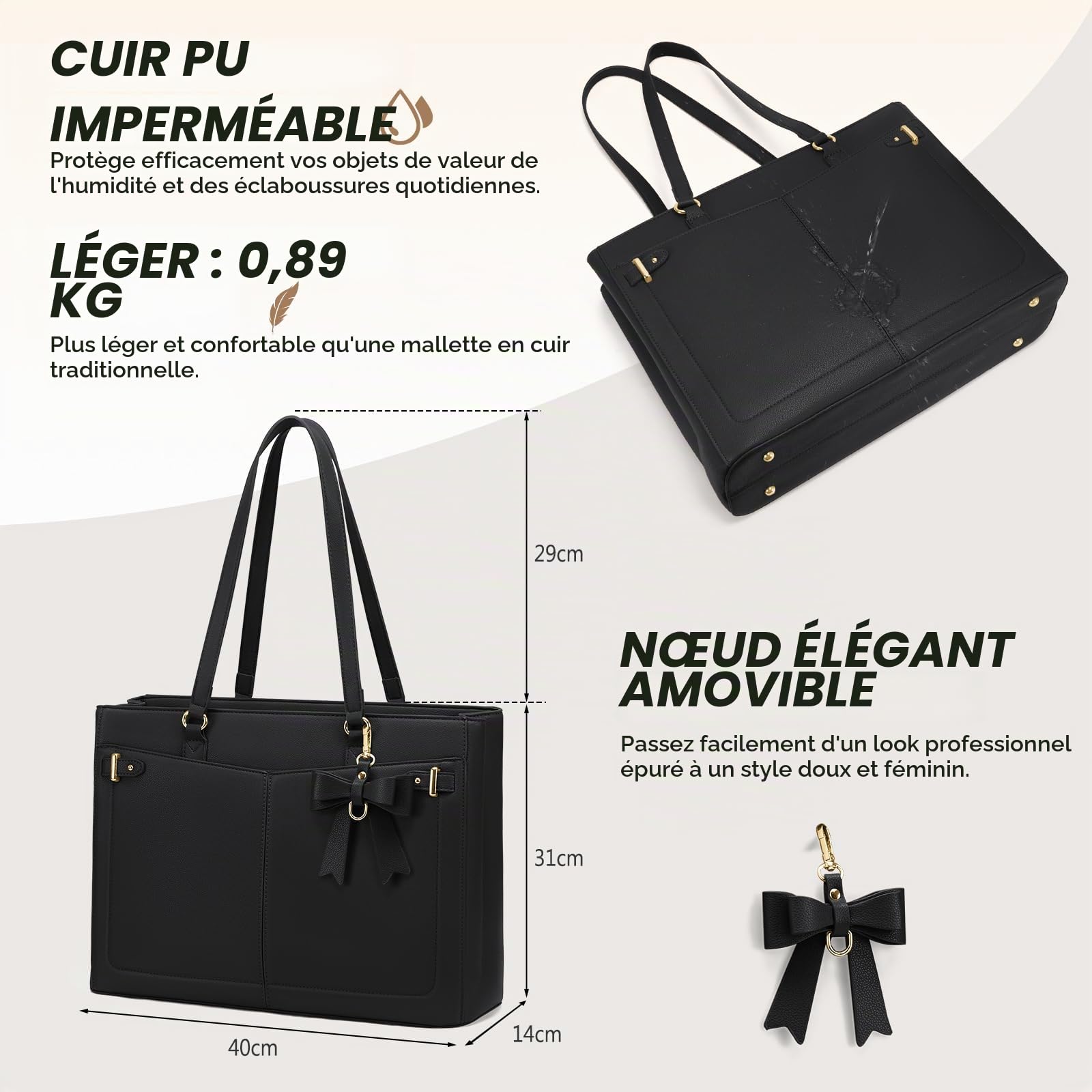 RAINSMORE Sac Cabas Femme Ordinateur 15,6" PU Cuir Travail Bureau