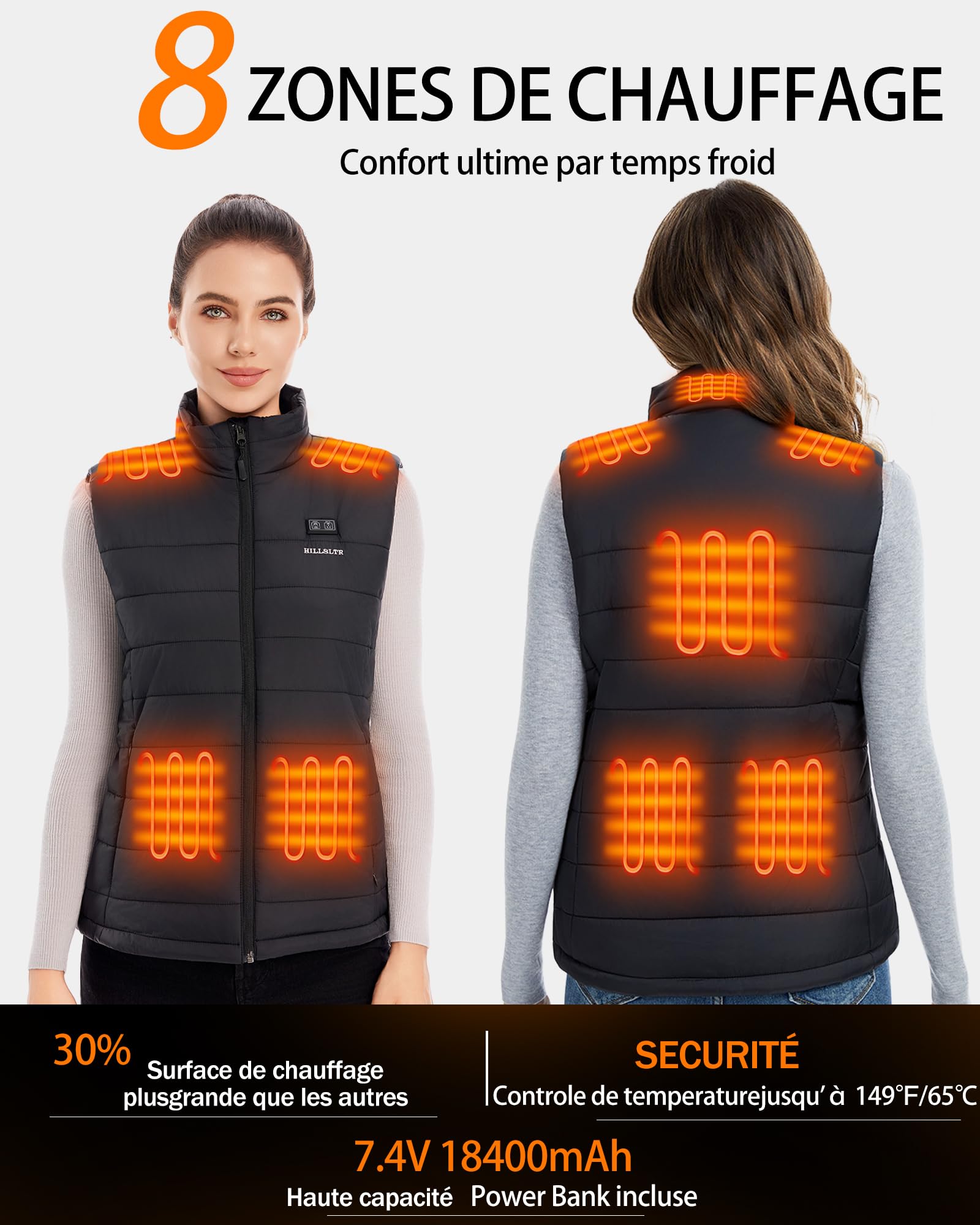 Gilet Chauffant Femme avec Batterie 7.4V 18400mAh – Gilet Chauffant Électrique Léger, Lavable en Machine, Veste Chauffante Léger Déperlant pour Hiver