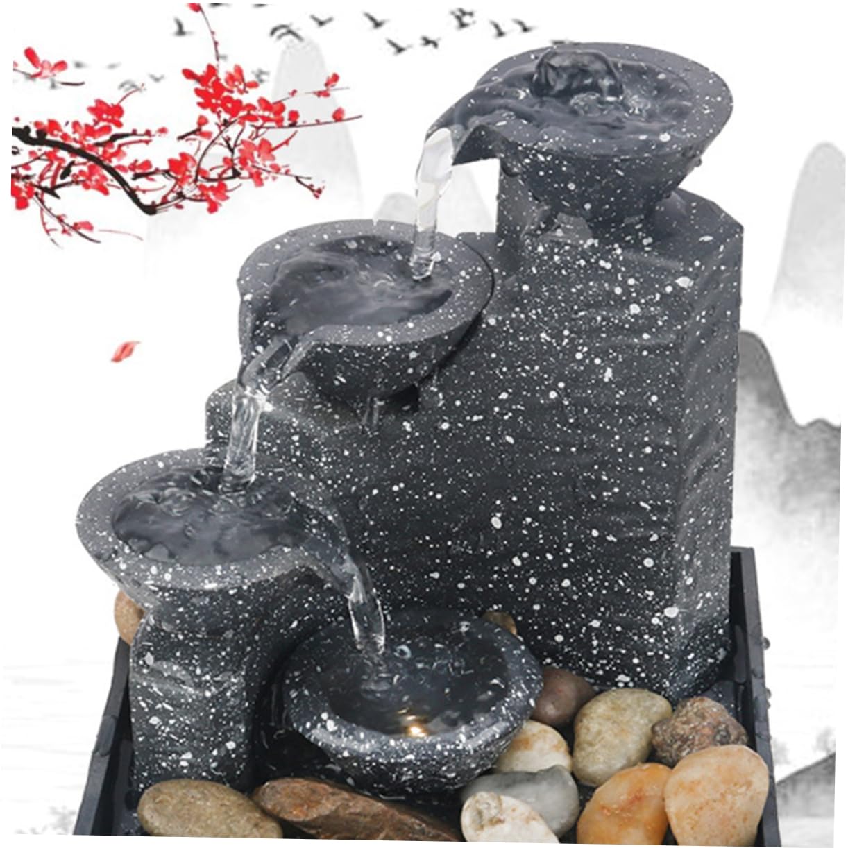 Fuente Decorativa de Agua Artificial Pequeña, Adorno de Cascada ABS Negro