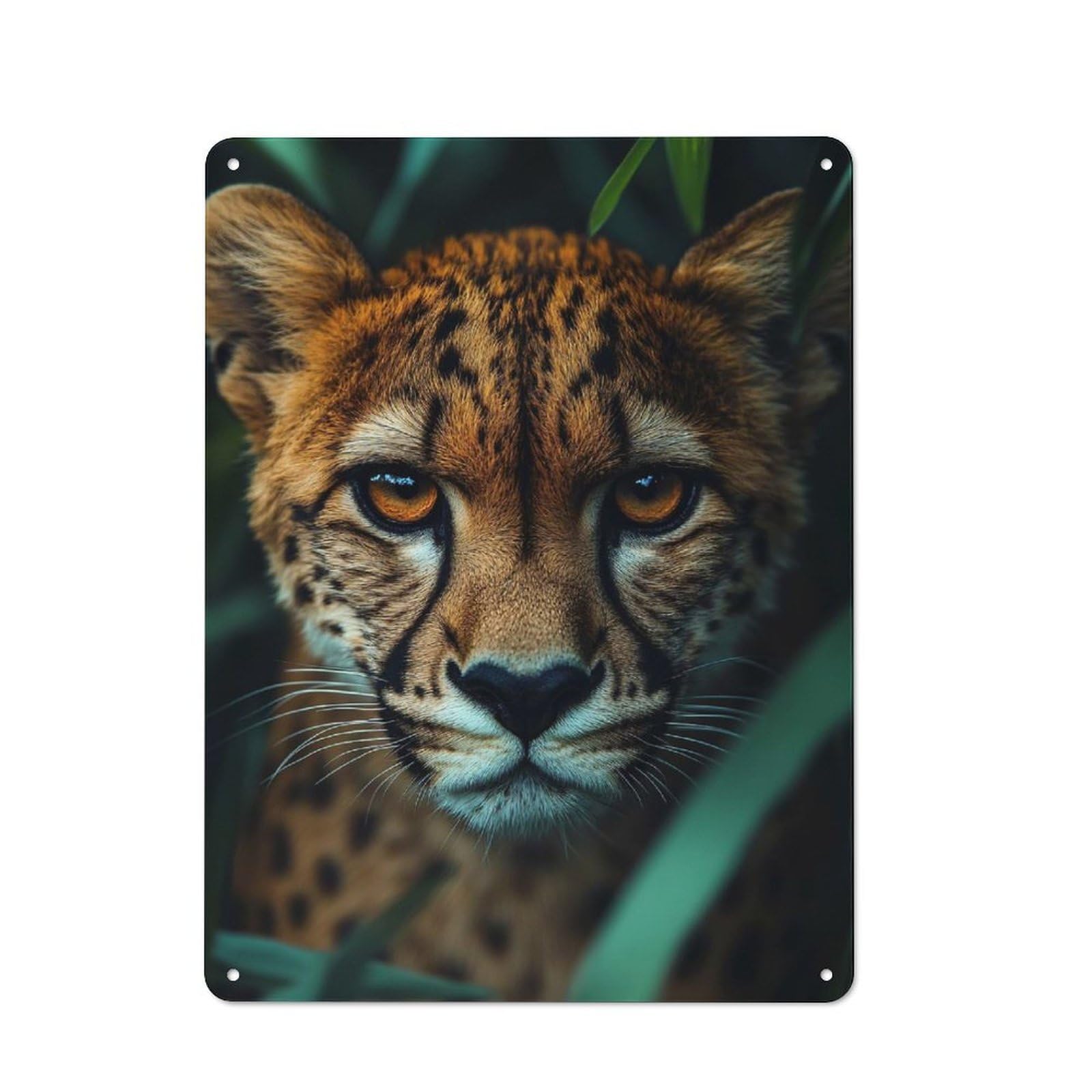 Junmoney Style-12 Cheetah Portrait In Green Foliage Cottage Style Metal Wall Decor 40X30cm, Farmhouse Metal Sign For Kitchen, Cottage, Porch Or Garden Room