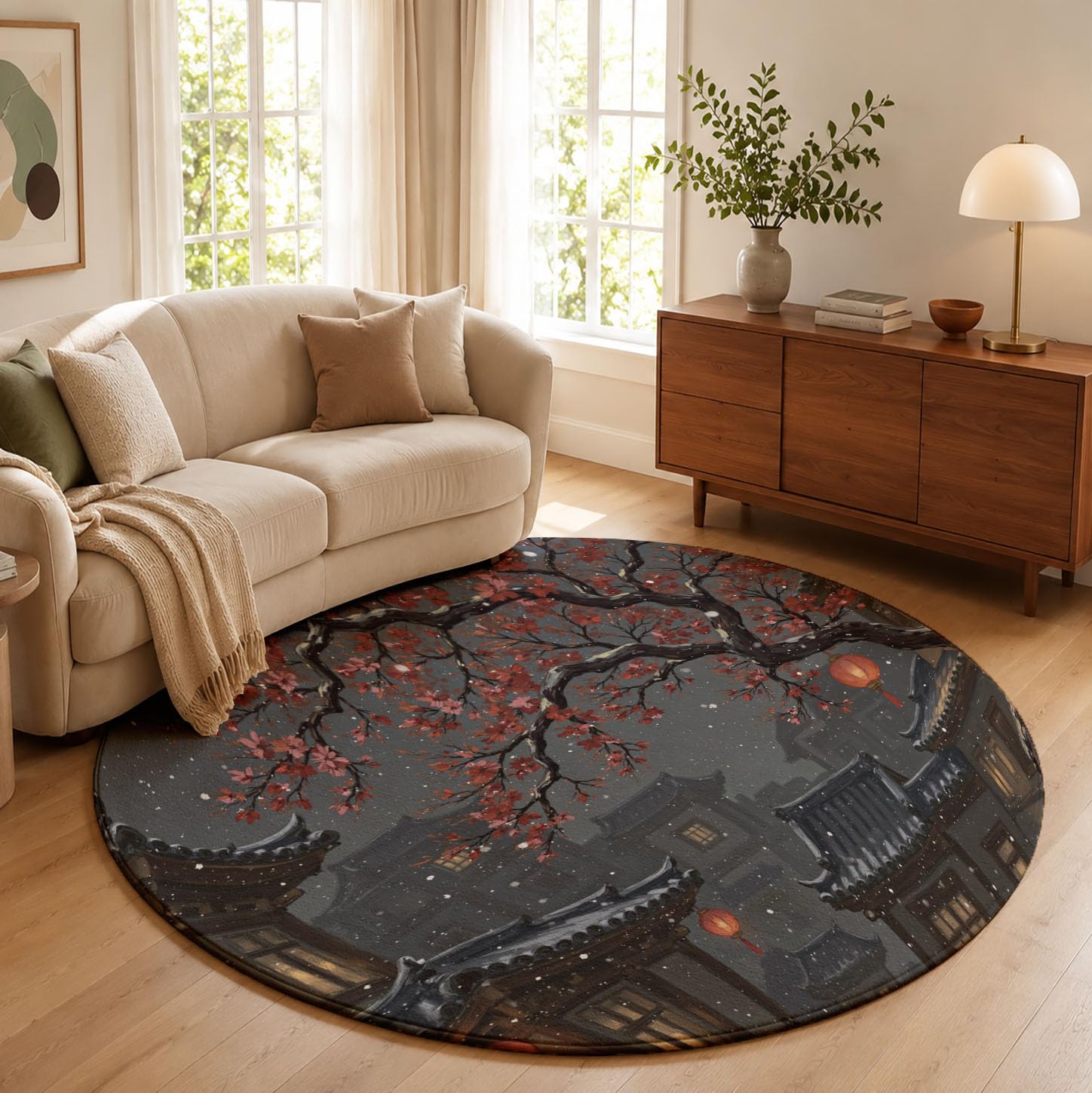 Orientalische Schneeszene Teppich Rund 160cm | Waschbare Teppiche, Antike Architektur Rote Pflaumenblüten Runder Teppiche, Antirutsch Teppich Wohnzimmer Kuschel Weich