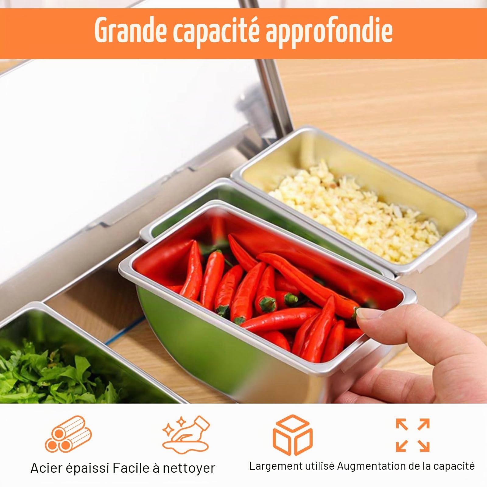 PORFOYO Boîte à Ingrédients En Acier Inoxydable 4 Compartiments: Organisateur De Condiments à 4 Compartiments, Avec Couvercle Et Cuillère, Station De Garniture De Pizza Pour La Maison à Domic