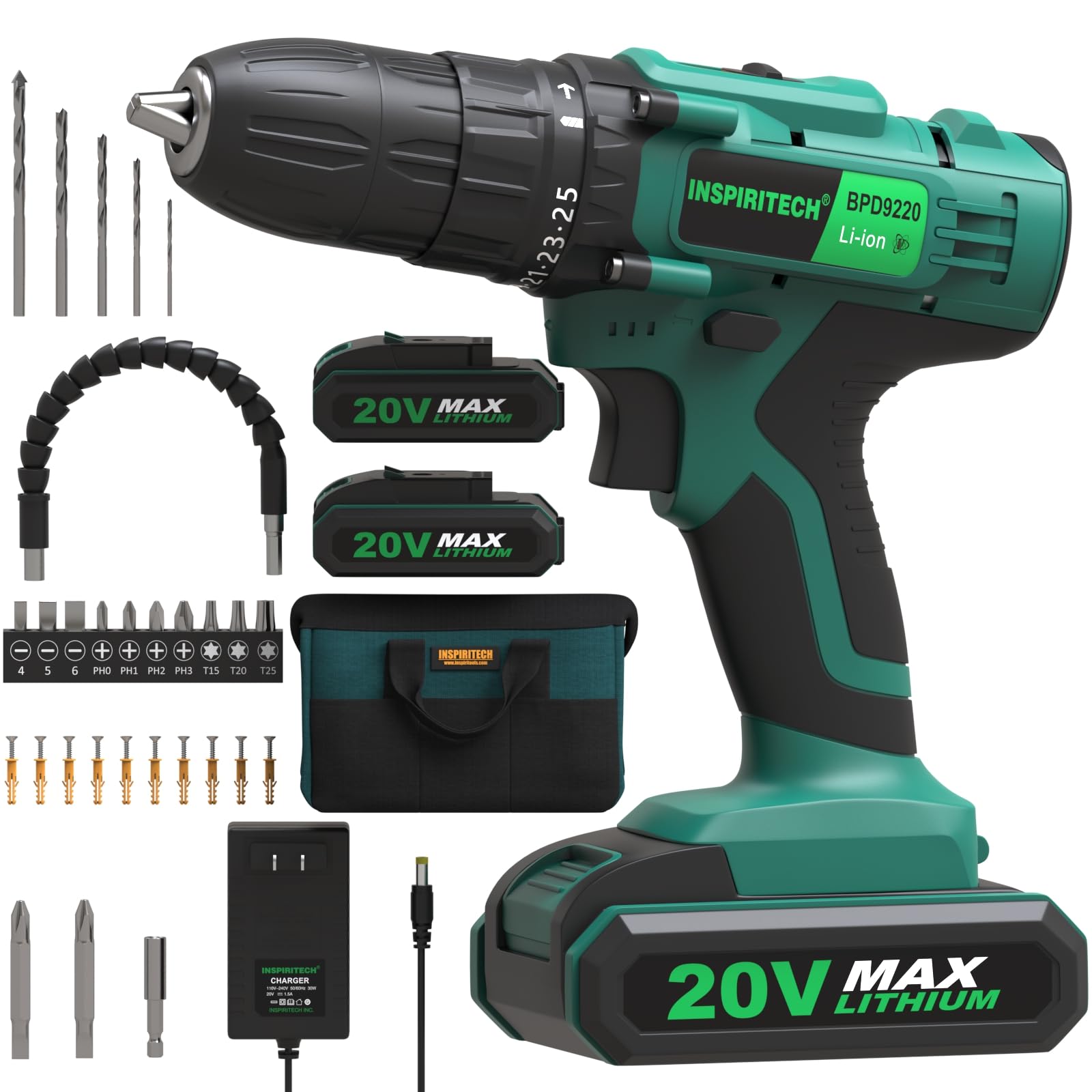 20V Cordless Power Drill Set with 2 Batteries and Charger,3/8-Inch Chuck Electric Drill Kit with 26-Torque Setting, Bits and Tool Bag Included
