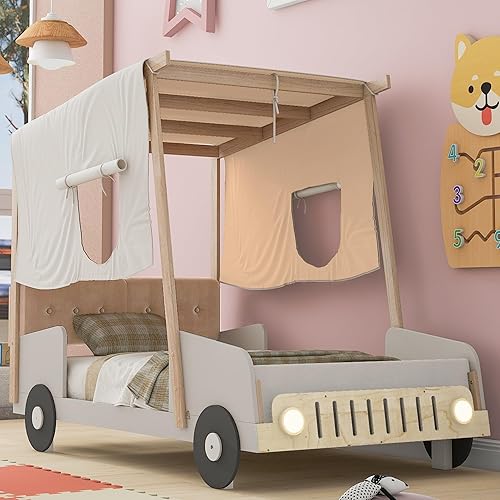 Miniatura 92 de P PURLOVE Cama de plataforma en forma de auto de carreras de tamaño individual con ruedas y listones, marco de cama de madera para niños, niñas,