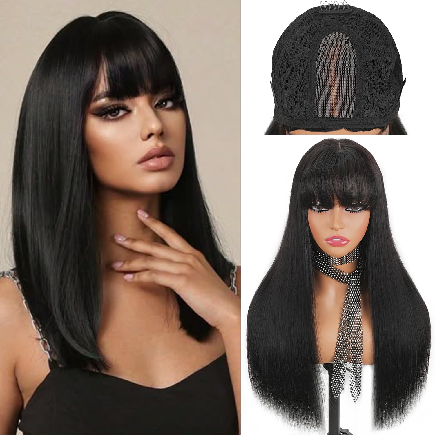 20 Inch 2x4 Bangs Wigs With Drawstring and Wide Elastic Band Human Hair 200% Density Lace Front Wig Brazilian Virgin Hair Glueless Wig Natural Black Color