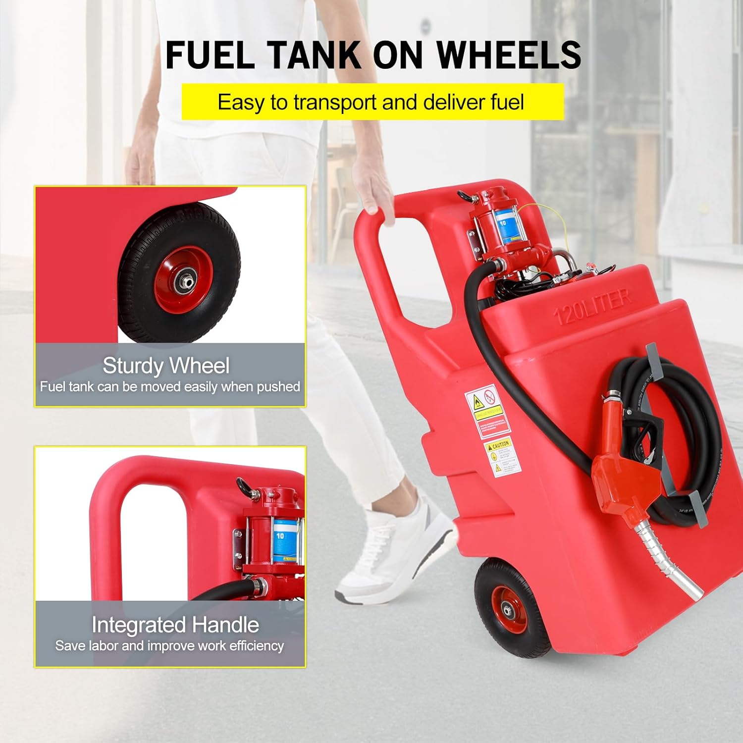 Gasoline Fuel Caddy Tank with Pump 32 Gallon, Portable Fuel Transfer Tank for Diesel & Gasoline with 12V 10GPM Electric Transfer Pump, Auto Fueling Nozzle, 13ft Hose, Sturdy Wheels