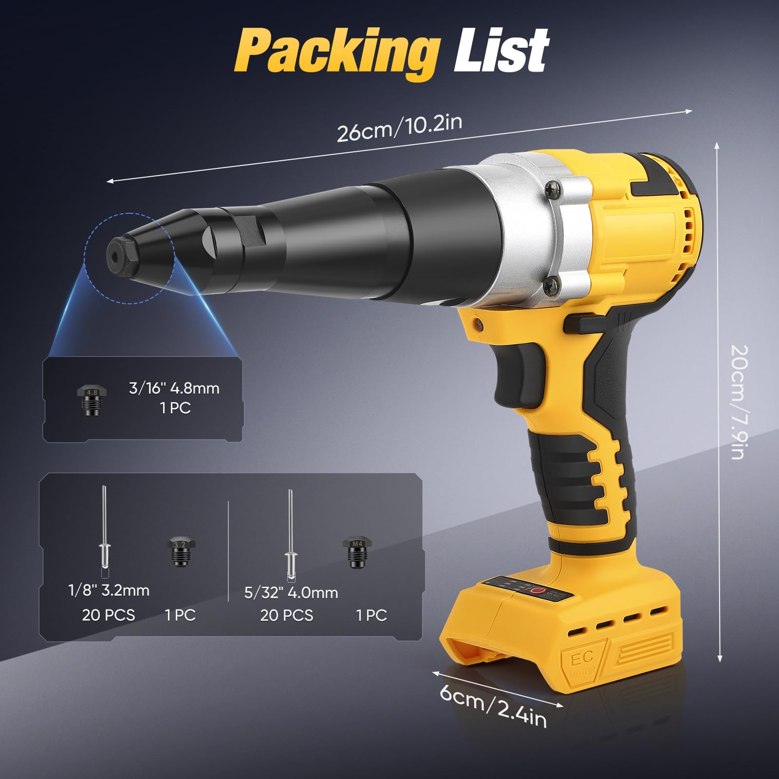 Rivettatrice a batteria con motore brushless, compatibile con batterie da 20 V, con luce da lavoro a LED e 3 ugelli per fai da te e costruzione