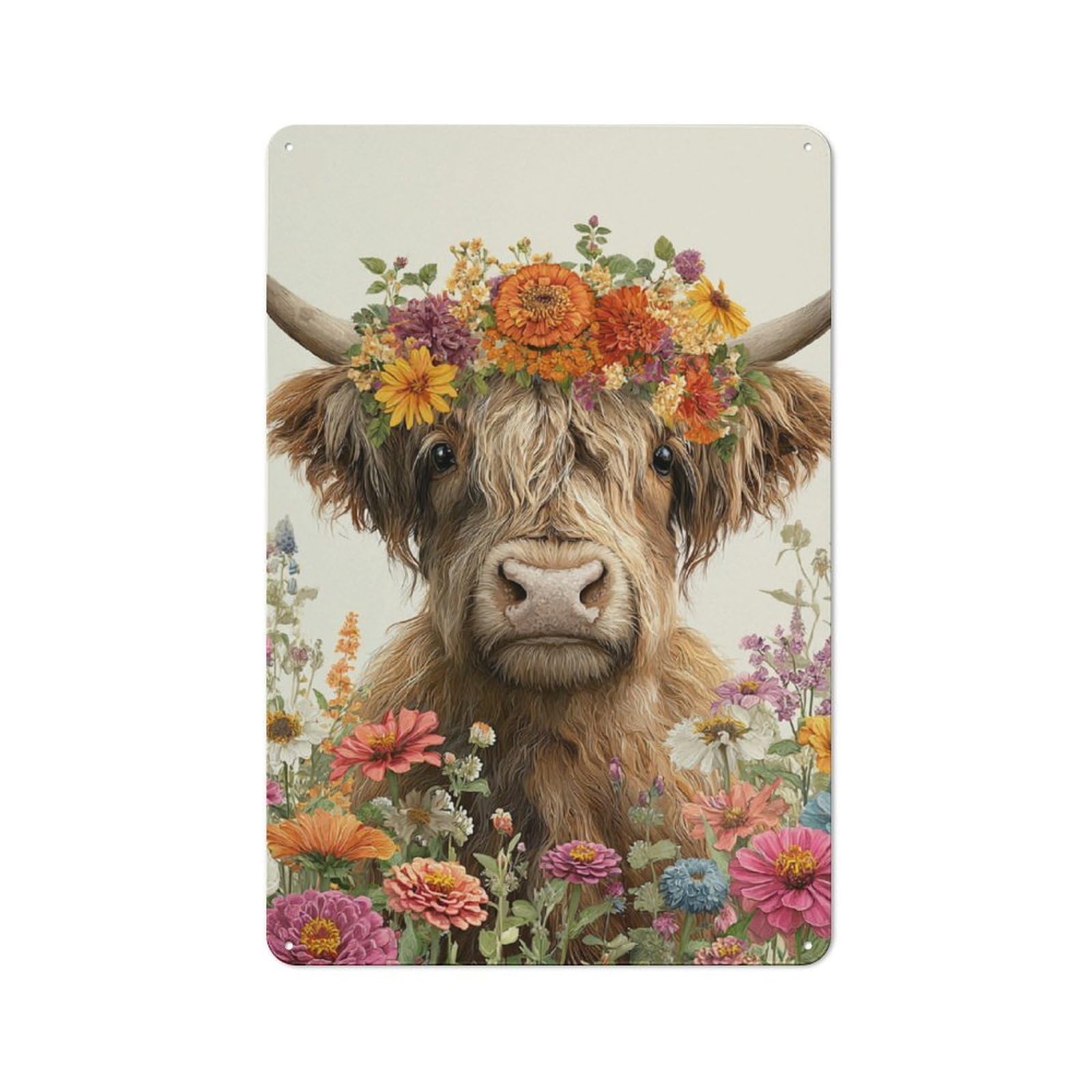 Junmoney Floral Highland Cow Art Character Metal Wall Decor 30X20cm, Vintage Metal Sign For Home, Shop, Pub Or Studio Wall