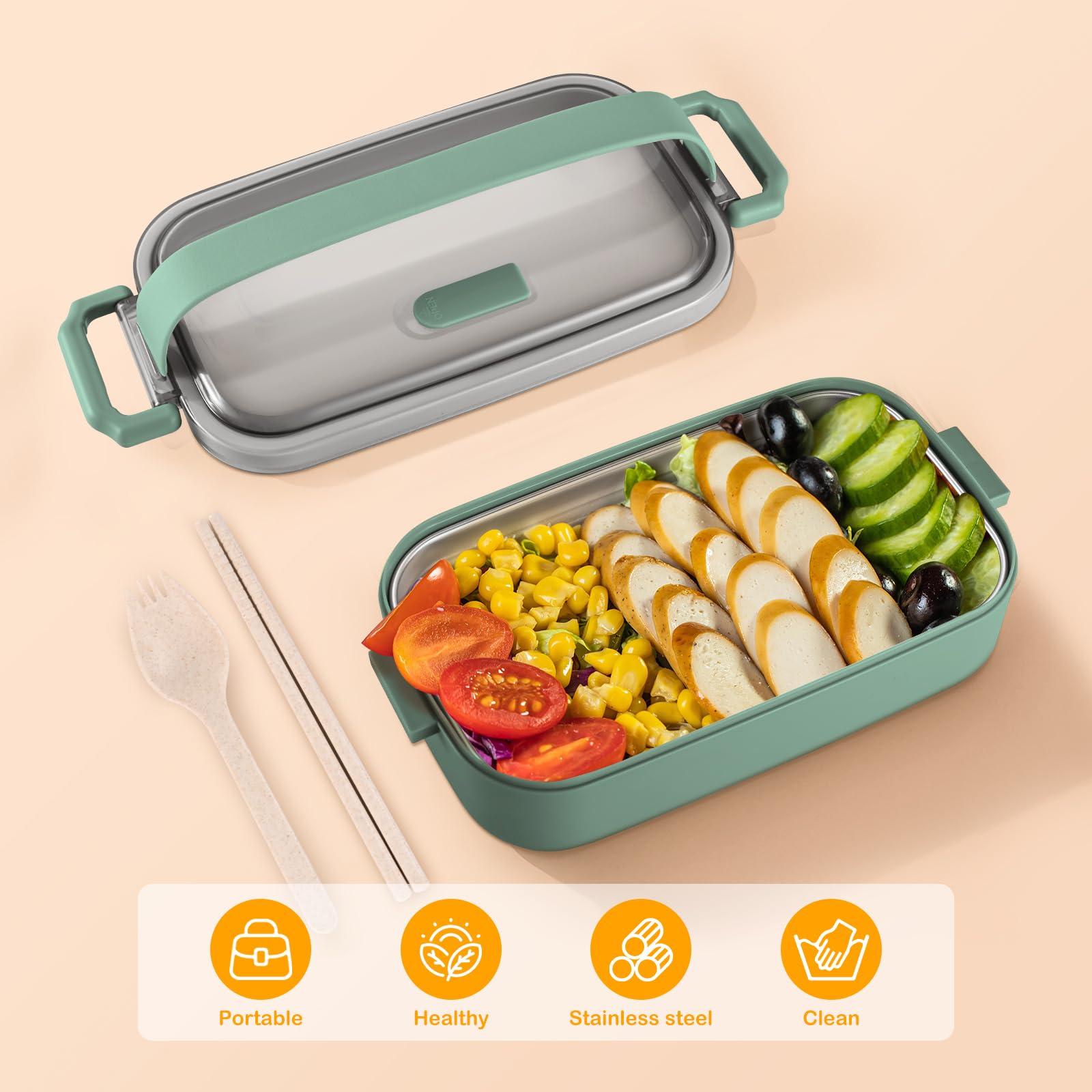Porta Pranzo Bento Box Ermetico 1300ml - Set Completo Con Posate E Contenitore Salse, Verde, Senza BPA - Foto 6