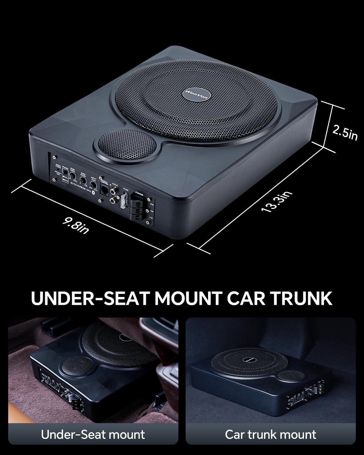 Dimensions of the WonVon 10 inch Underseat Subwoofer.