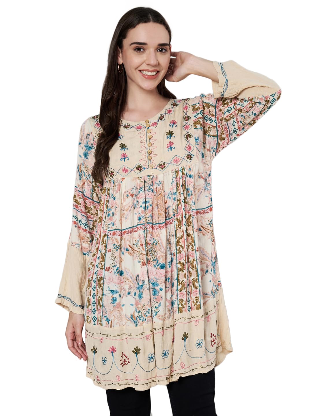 Women Tunic Longline Beige Floral Tunic Fit and Flare Casual Blouse Top for Women Longline-picture-25