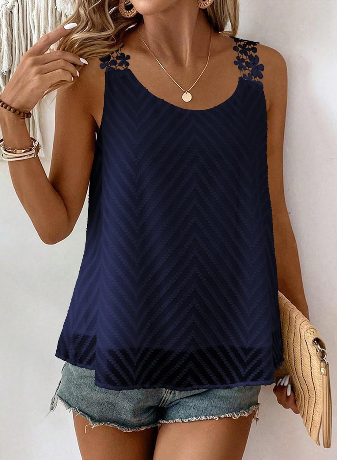 Womens Tank Tops Flowy Sleeveless Summer Boho Tank Top for Women Crewneck Casual Spaghetti Strap Lace Camisole Shirt - Image 5