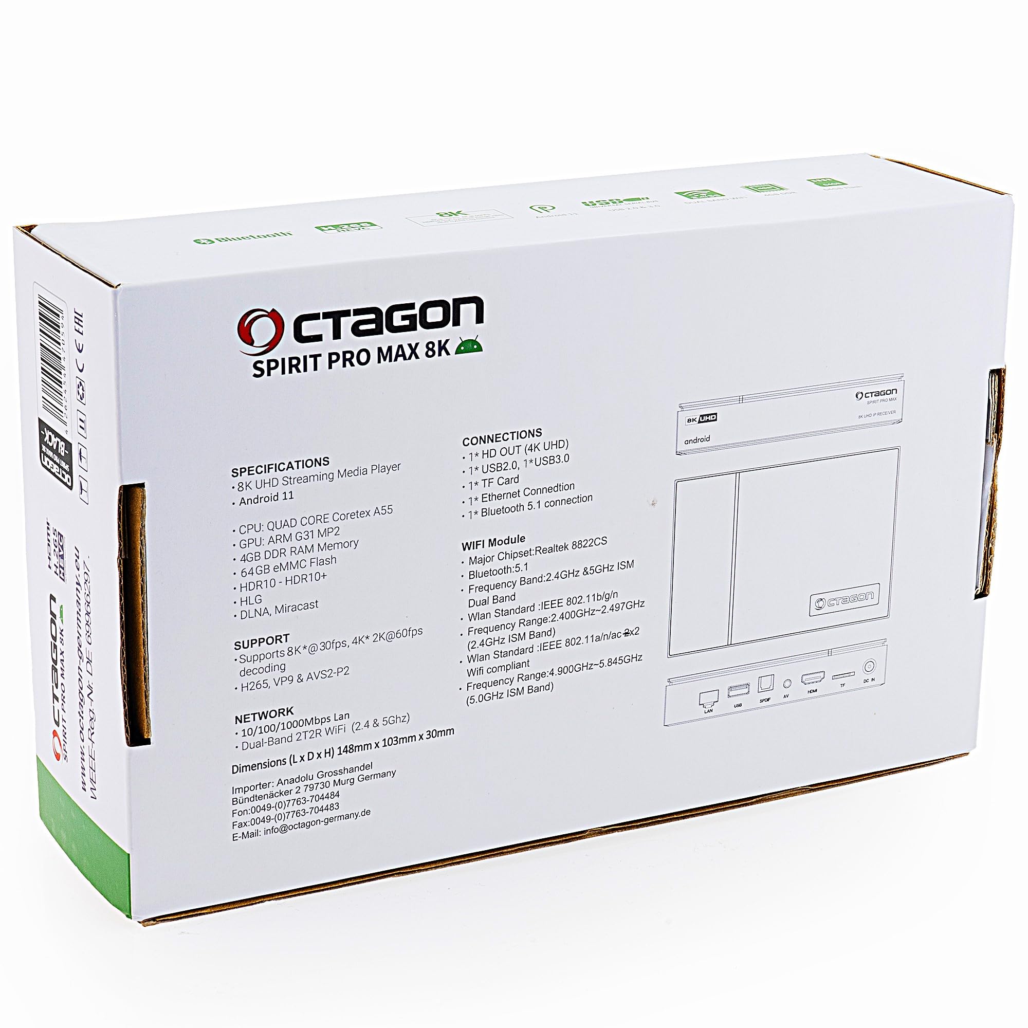 [Test SEHR GUT *] Octagon Spirit PRO MAX 8K Android TV Box, Dual Band WiFi WLAN, Bluetooth Fernbedienung, Sprachsteuerung, HDR10+, HLG, 4GB RAM & 64GB Flash, TV IP Receiver, Bluetooth 5.1, 4K UHD