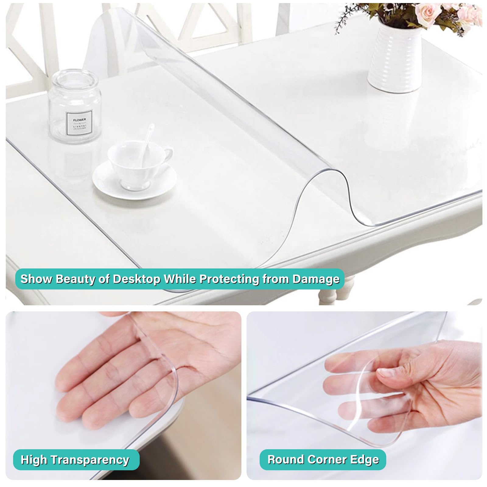 AimerGro 16x48 Inch Upgraded Clear PVC Table Cover Protector 1.5mm Thick Crystal Vinyl Dining Room Table Pad Heat Resistant Plastic Writing Desk Mats Cover for Night Stand End Table Kitchen Counter