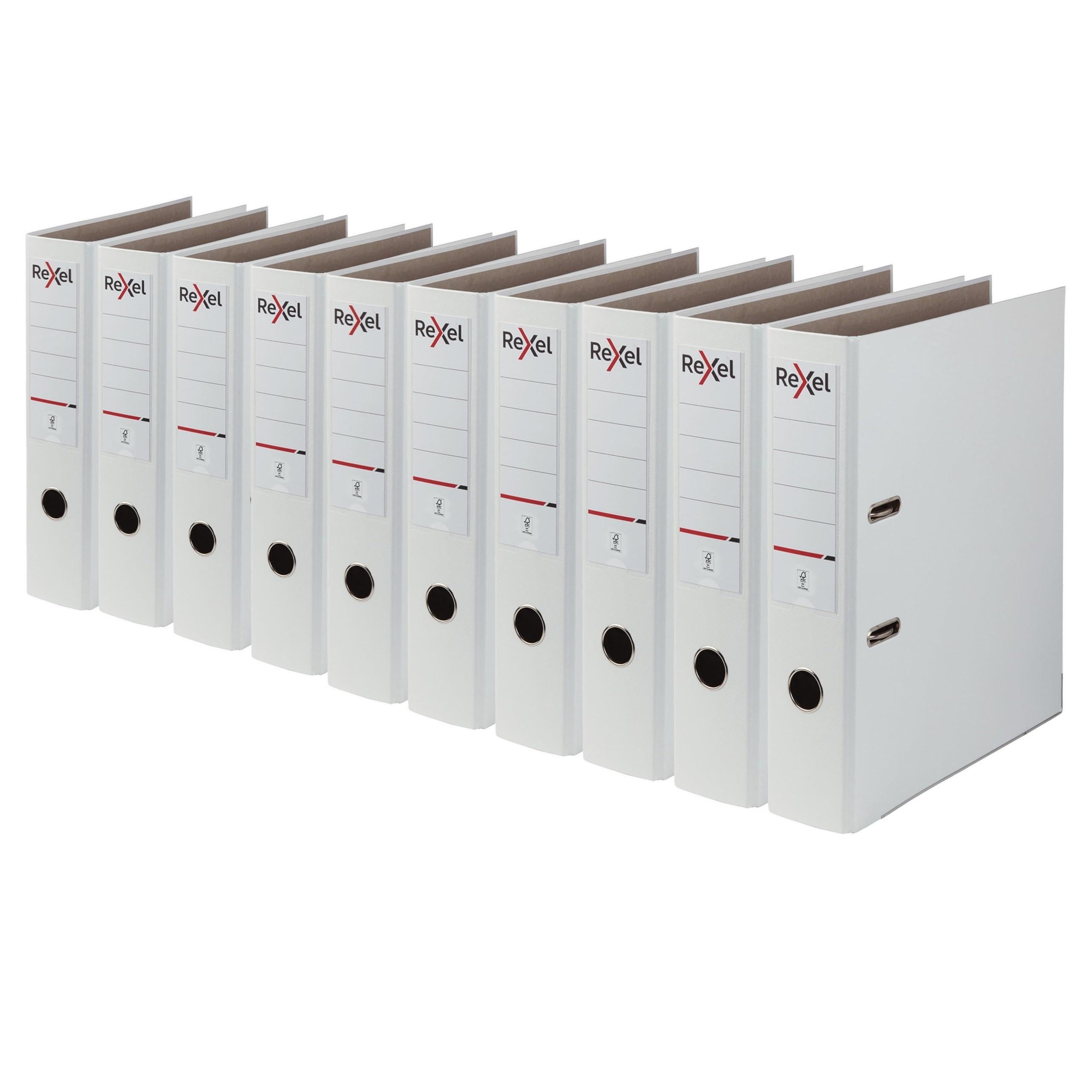 Rexel A4 Lever Arch Files, White Polypropylene Filing Folders, Durable PP ECO 75 mm Spine Holds Up to 500 Sheets, for A4 Document Storage and Everyday Filing, Pack of 10