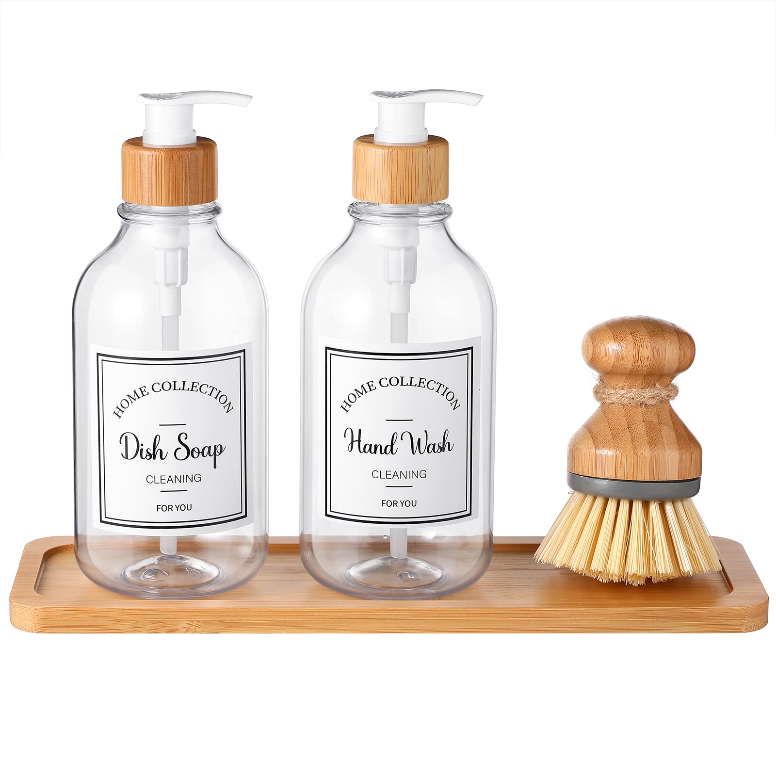 4 Pieces Kitchen Soap Dispenser Set 16 oz Dish Soap Dispenser with Bamboo Pump Soap Tray and Dish Brush Bathroom Soap Dispenser Set with Waterproof Labels for Hand Soap Dish Lotion (Transparent)