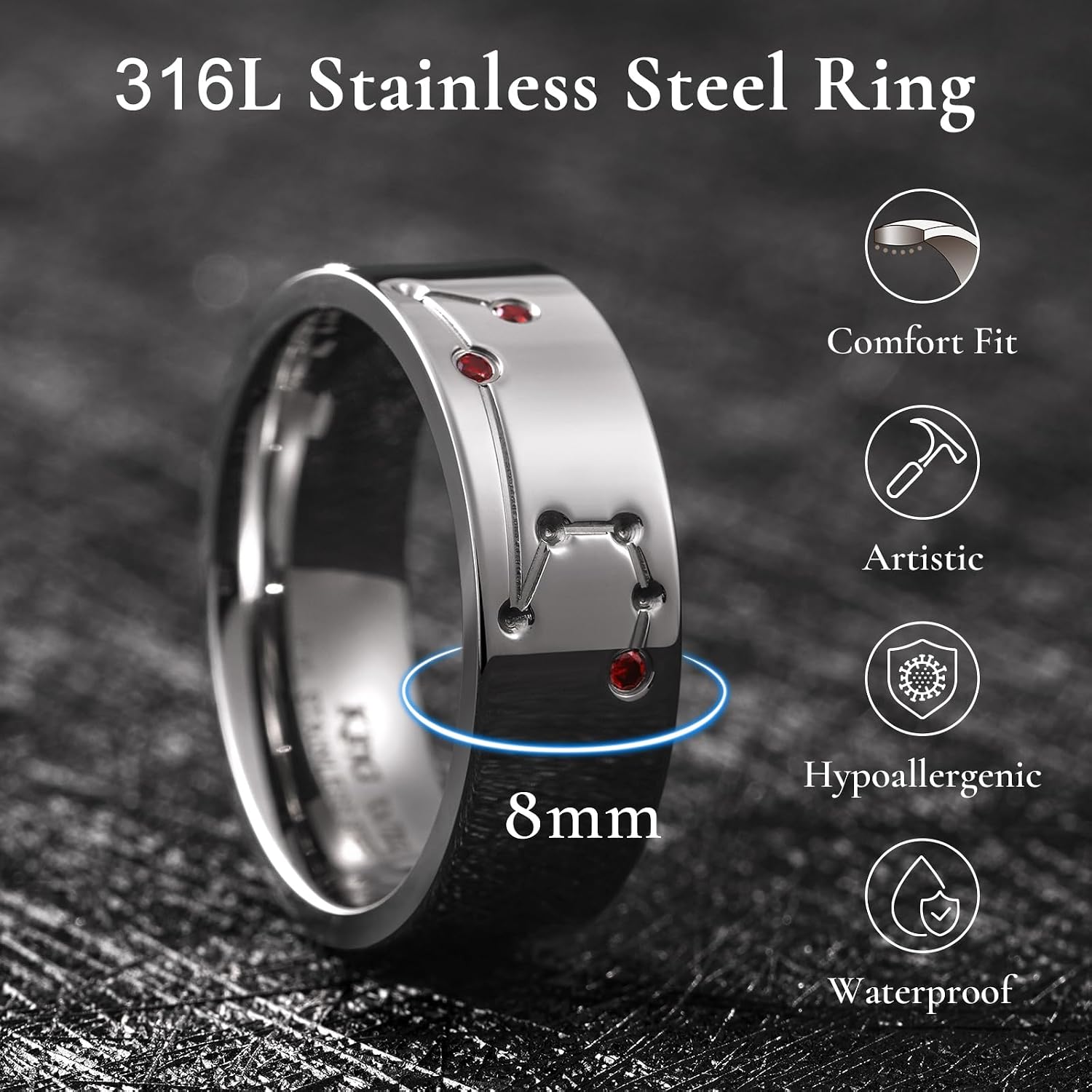 King Will 8mm/10mm 316L Stainless Steel Zodiac Ring for Men Women, 12 Constellation Star Map Band with Colorful Cubic Zirconia, Personalized Birthday Astrology Jewelry, Size 7-14