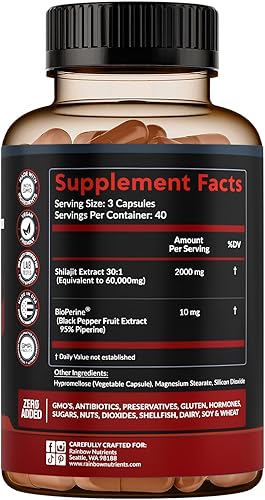 Miniatura 8 de Suplemento puro de cápsulas de Shilajit del Himalaya (60,000 mg + potenciador de absorción + 50% ácido fúlvico) Shilajit natural 301 con más de 85