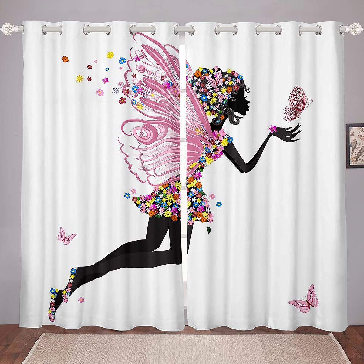 Farfalla Finestra Tende per Camera Da Letto Vivente Fiore Fata Tenda Bambini Ragazze Colorato Floreale Finestra Tende Girly Farfalle Finestre Trattamenti Fantasia W46*L72