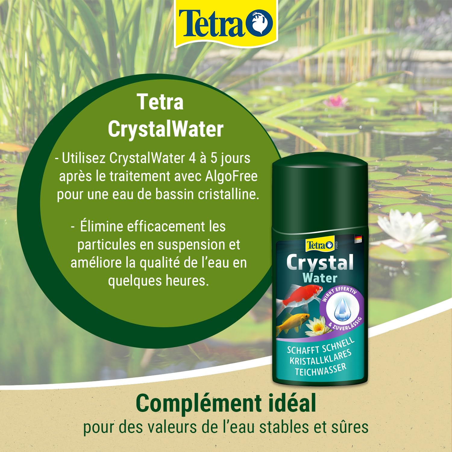 Tetra Pond CrystalWater – Clarificateur d’Eau de Bassin – Favorise une Eau Cristalline - Agglomère et facilite l’élimination des particules en suspension – 250 ml