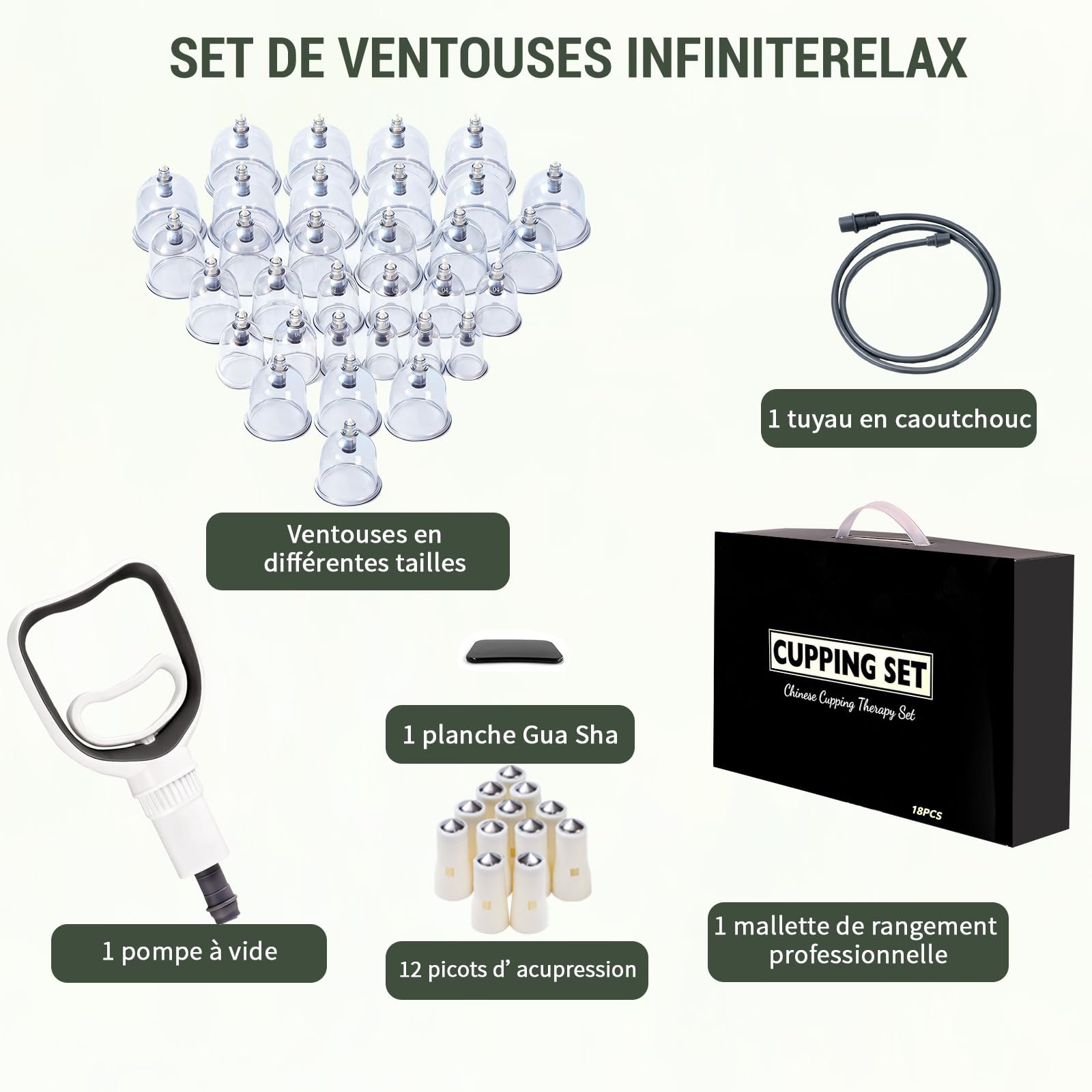 Kit de 24 Ventouses Thérapeutiques, ventouse massage anti-cellulite et relaxation musculaire，ventouse hijama comprenant aiguilles d'acupression amovibles, pompe à vide, tuyau d'extension