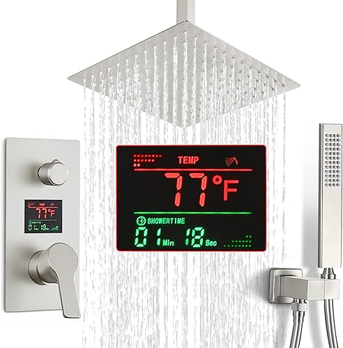 SKOWLL Sistema de ducha de techo con cabezal de ducha digital, juego de grifo de ducha de 12 pulgadas con válvula de pantalla LCD de 2 funciones,