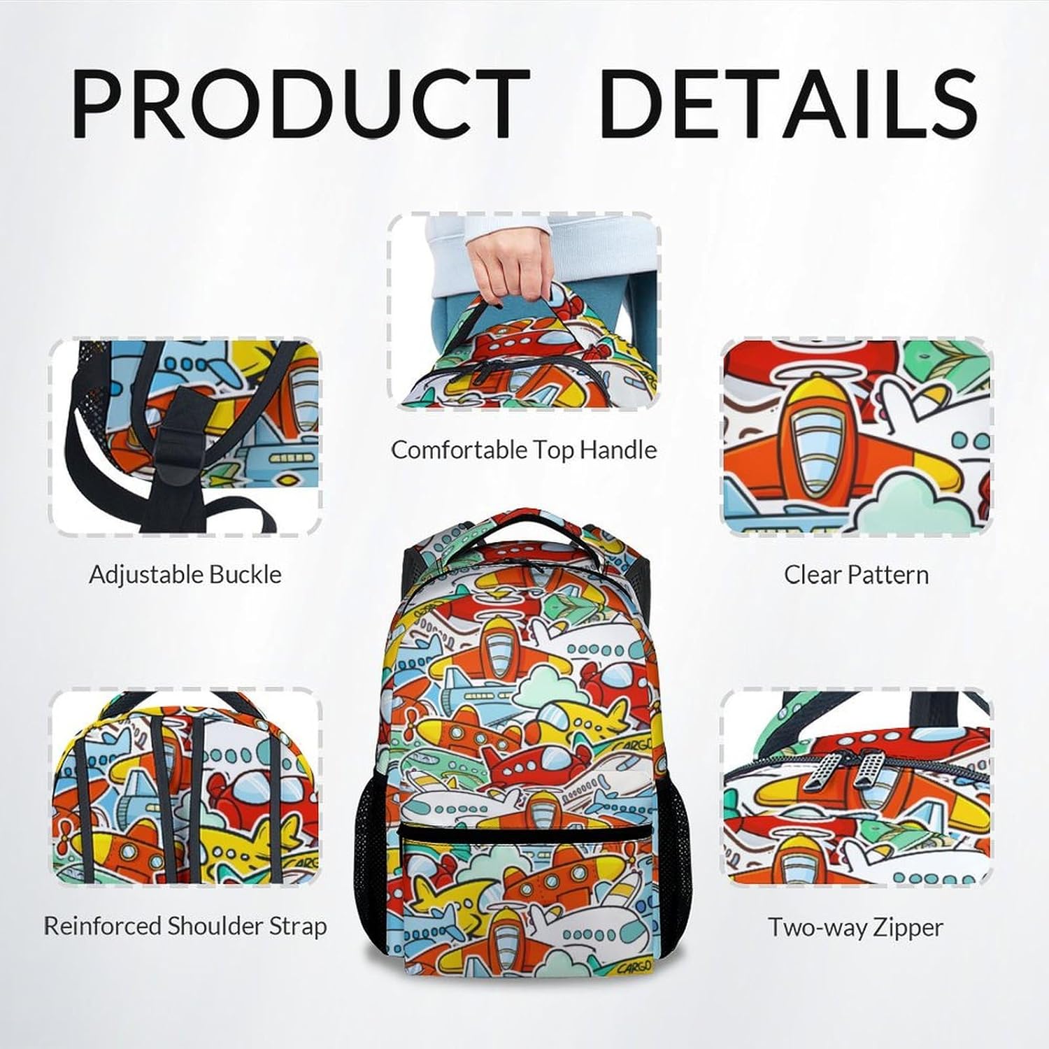 School Bags for Boys - Cartoon Colorful Airplane Travel Backpack for Kids - 17 Inch Bookbag for Elementary School - Back to School Supplies