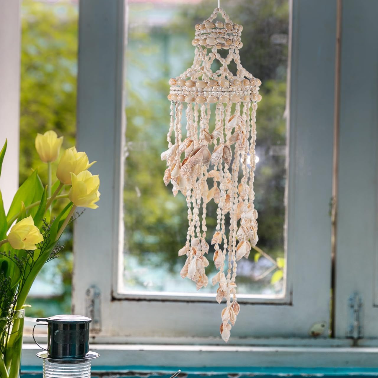 VICASKY Shell Wind Chimes for Outside Seashell Glass Windchime Natural, Handmade Beach Home Decor with 45-50cm Length Memorial for Patio Gardenand Yard Hanging Ornament Present