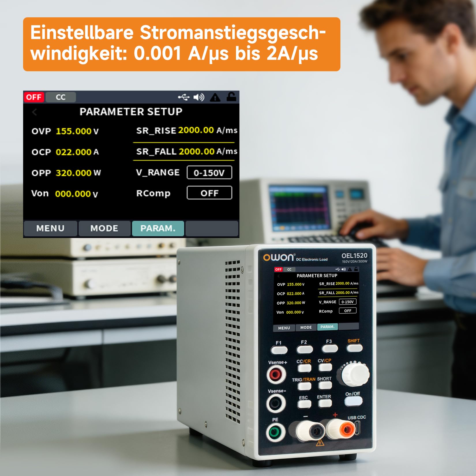 OWON Programmierbare elektronische Gleichstromlast OEL1520, DC 150V, 20A, maximal 300W, USB/RS232, CV CC CR CP, 4 Betriebsmodi, 5 kHz dynamisch, Labor-Leistungstester mit 2,8-Zoll-TFT-LCD-Display